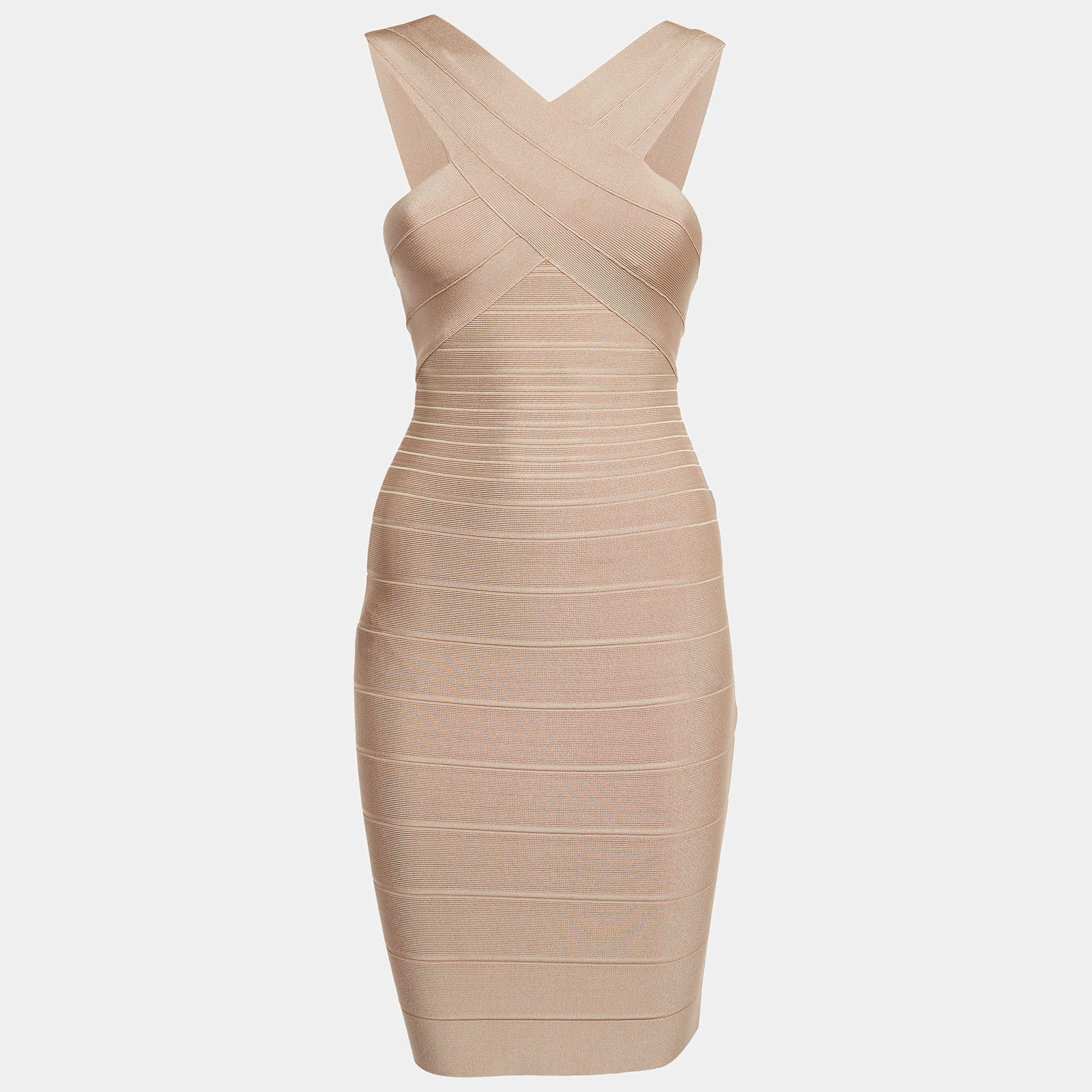 Herve Leger Beige Bandage Knit Off-Shoulder Mini Dress S