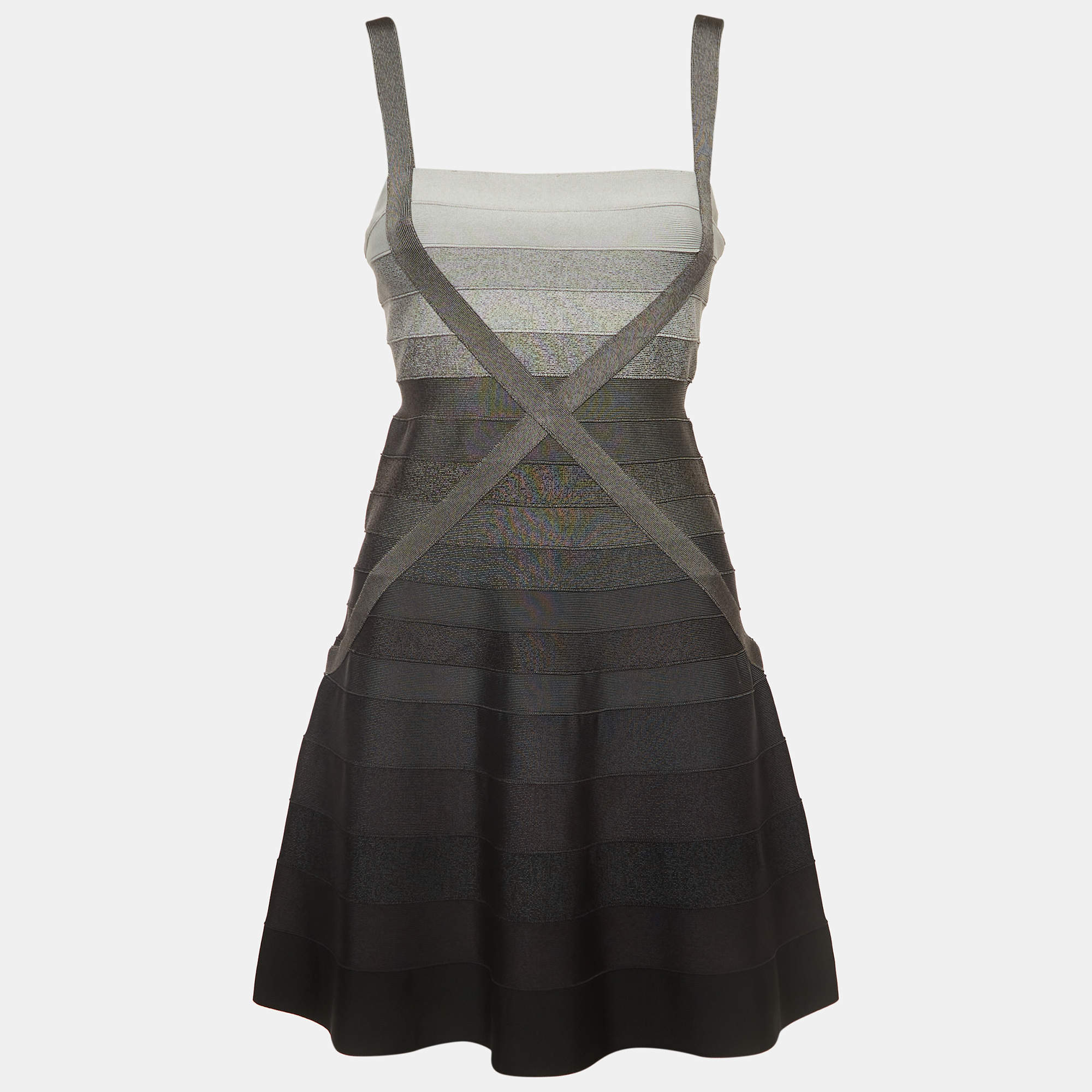 Herve Leger Grey Knit Strappy Flared Mini Dress M