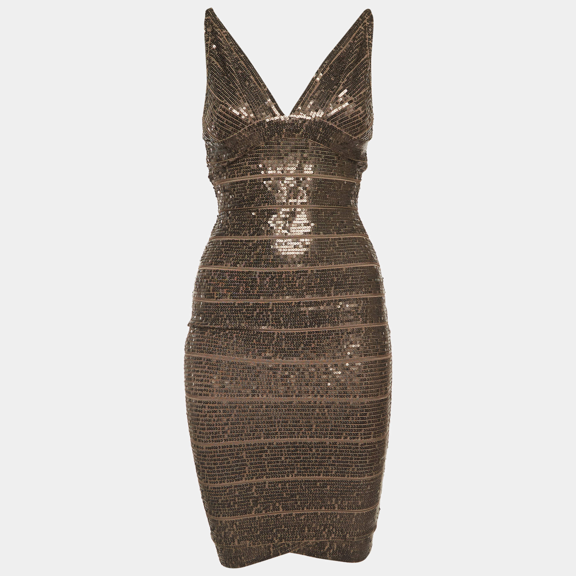 Herve Leger Brown Sequin Sleeveless Bodycon Dress S