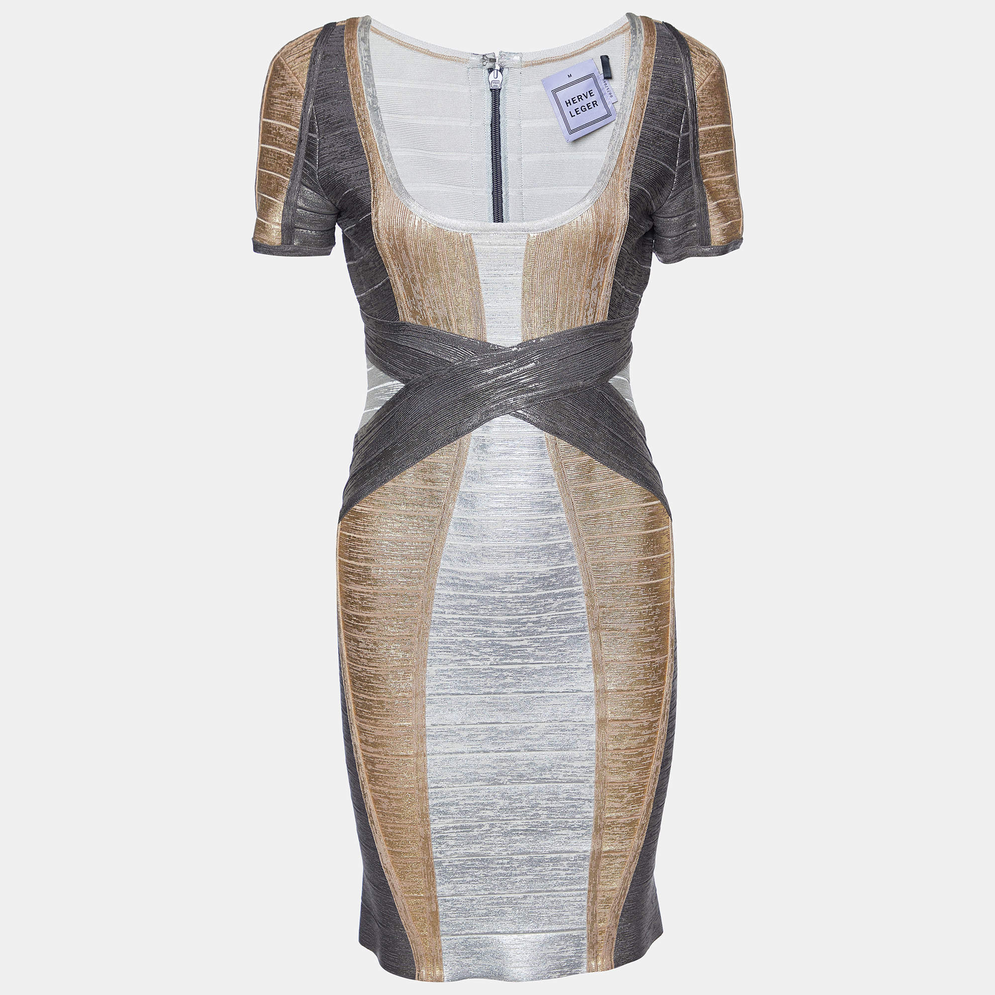 Pre Owned Herve Leger Metallic Foil Print Knit Carolyn Bandage Dress M