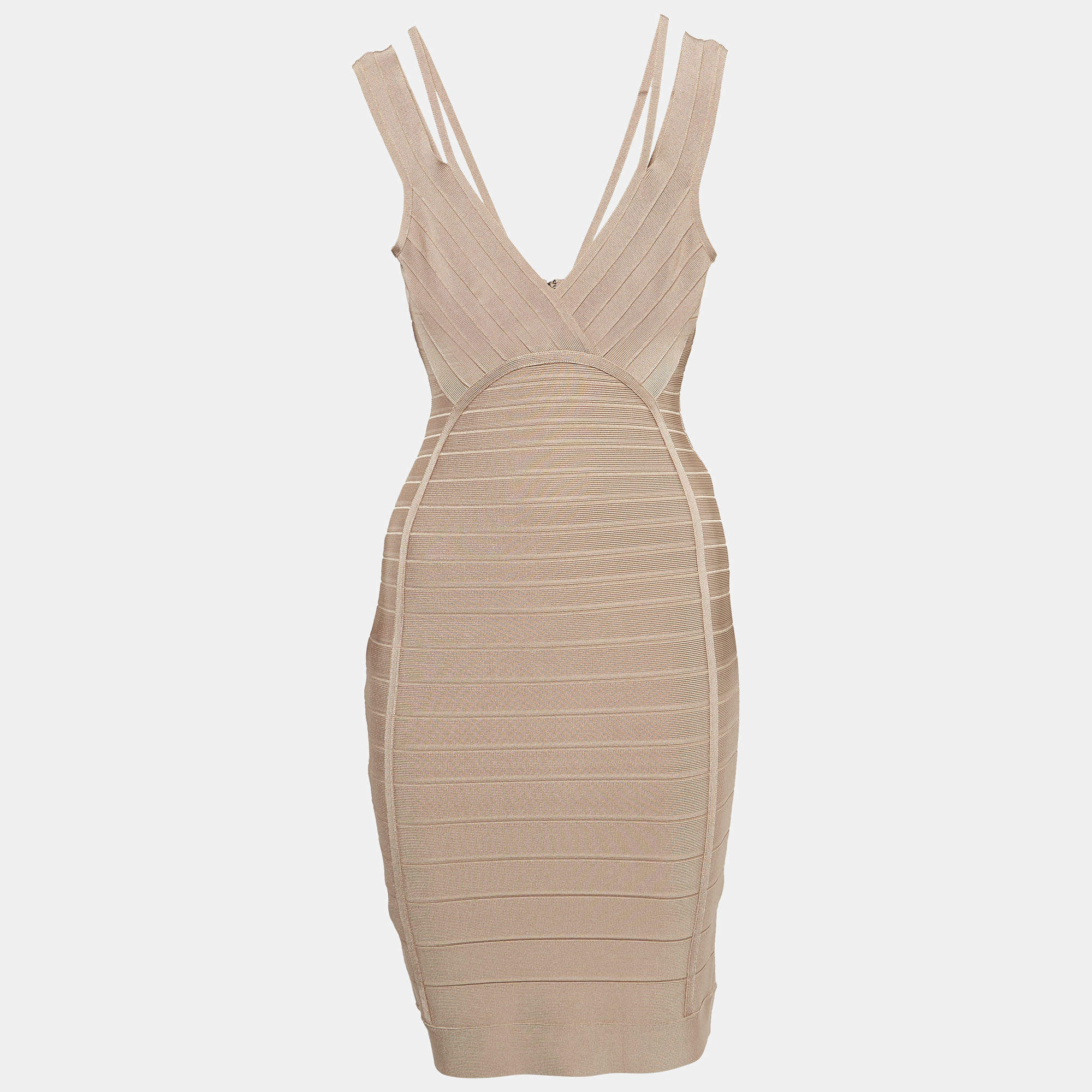 Herve Leger Beige Bandage Knit V-Neck Mini Dress S