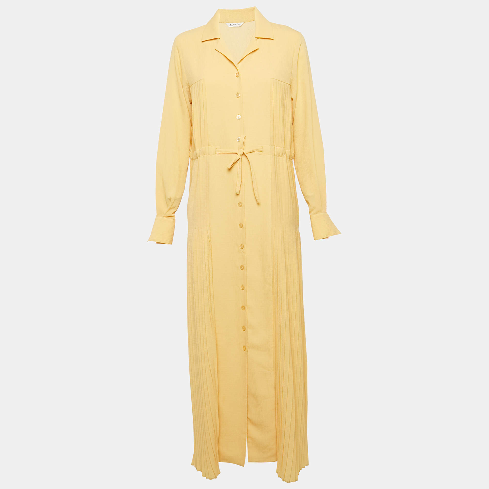 Hozweiler Tyranusaurus Light Yellow Crepe Pleated Button Front Maxi Dress S