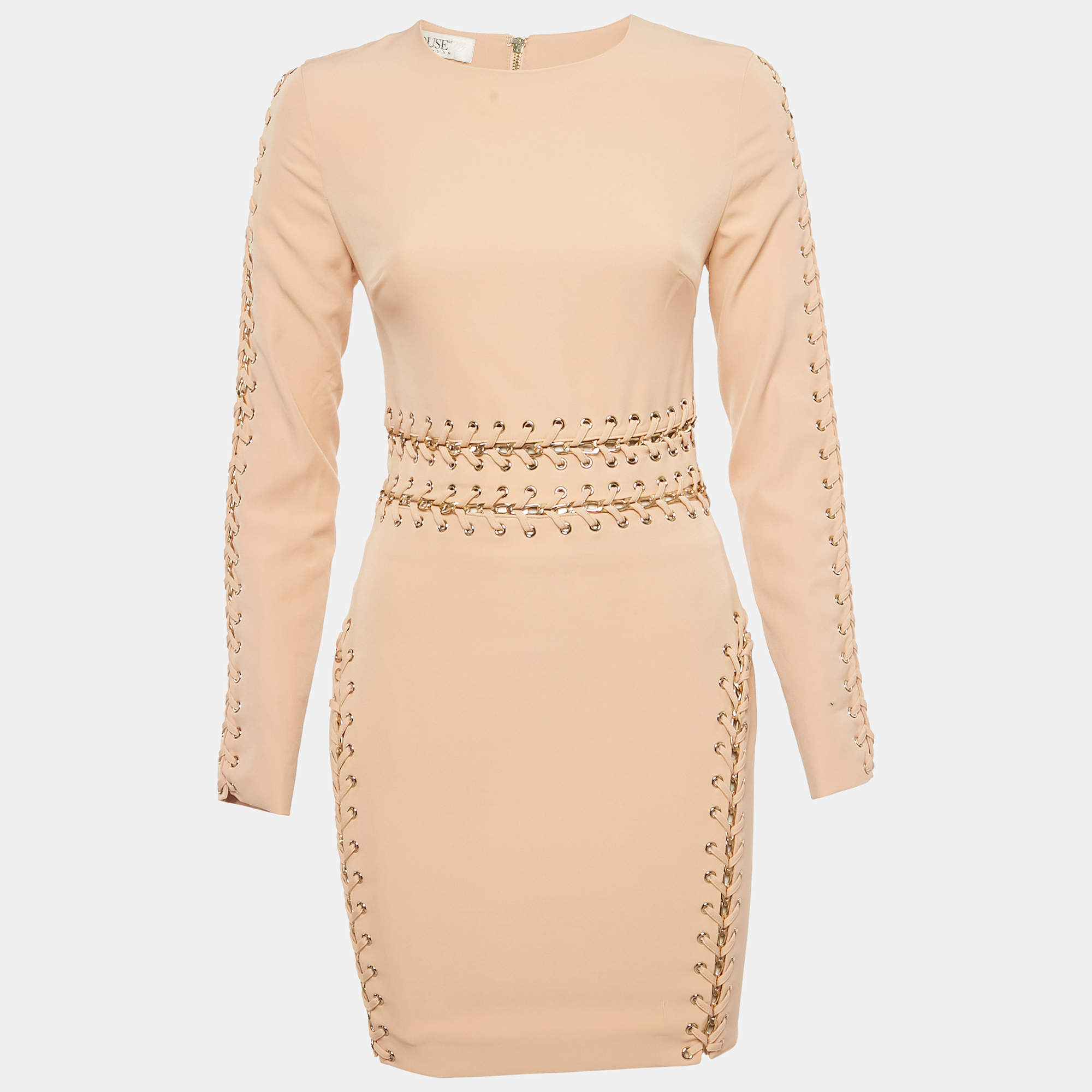 Pre Owned House of Cb Beige Crepe Lace-Up Sheath Dress S