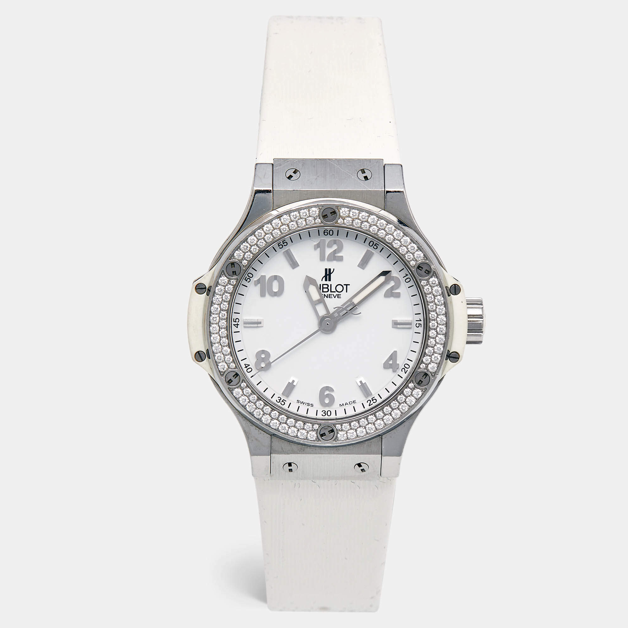 Hublot White Stainless Steel Rubber Diamond Big Bang 361.SE.2010.RW.1104.PLP Women's Wristwatch 38 mm