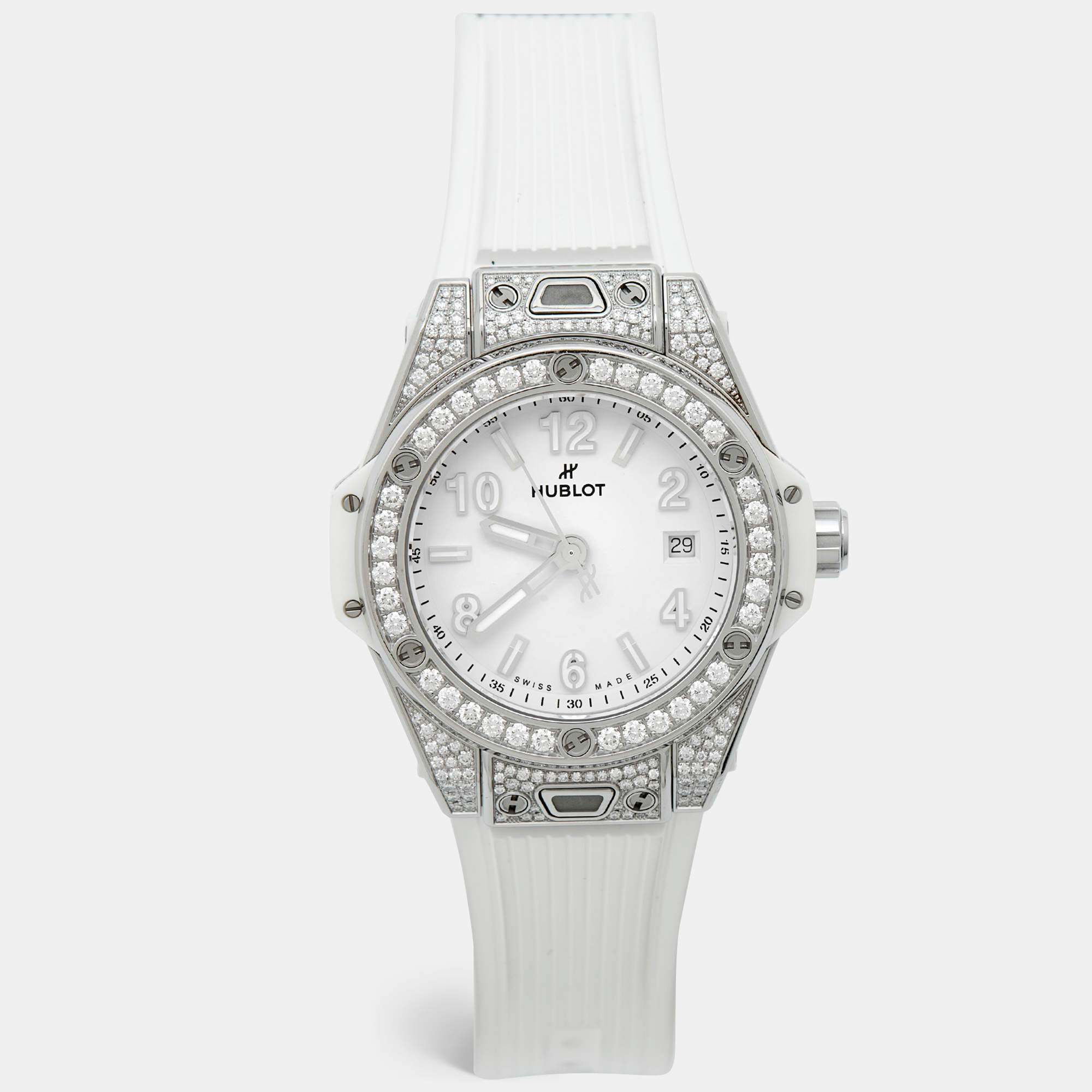 Pre Owned Hublot Big Bang One Click 485.SE.2010.RW.1604 White Dial Stainless Steel Resin Diamond Rubber Women's Wristwatch 33 mm