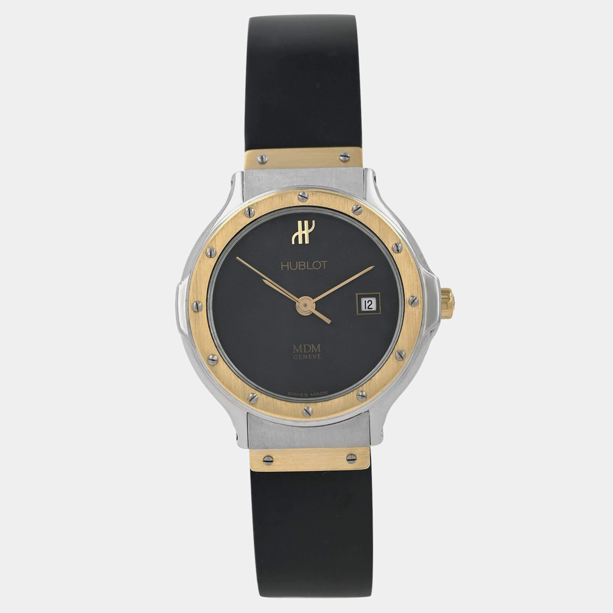 Pre Owned Hublot MDM Classic 1391.2 Quartz Black 18k Yellow Gold Stainless Steel Women's Wristwatch 28 mm