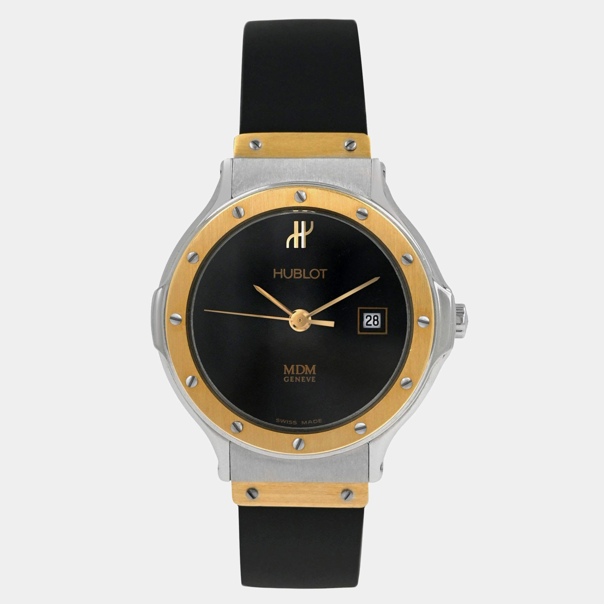Pre Owned Hublot MDM Classic 1393.2 Quartz Black 18k Yellow Gold Stainless Steel Women's Wristwatch 28 mm