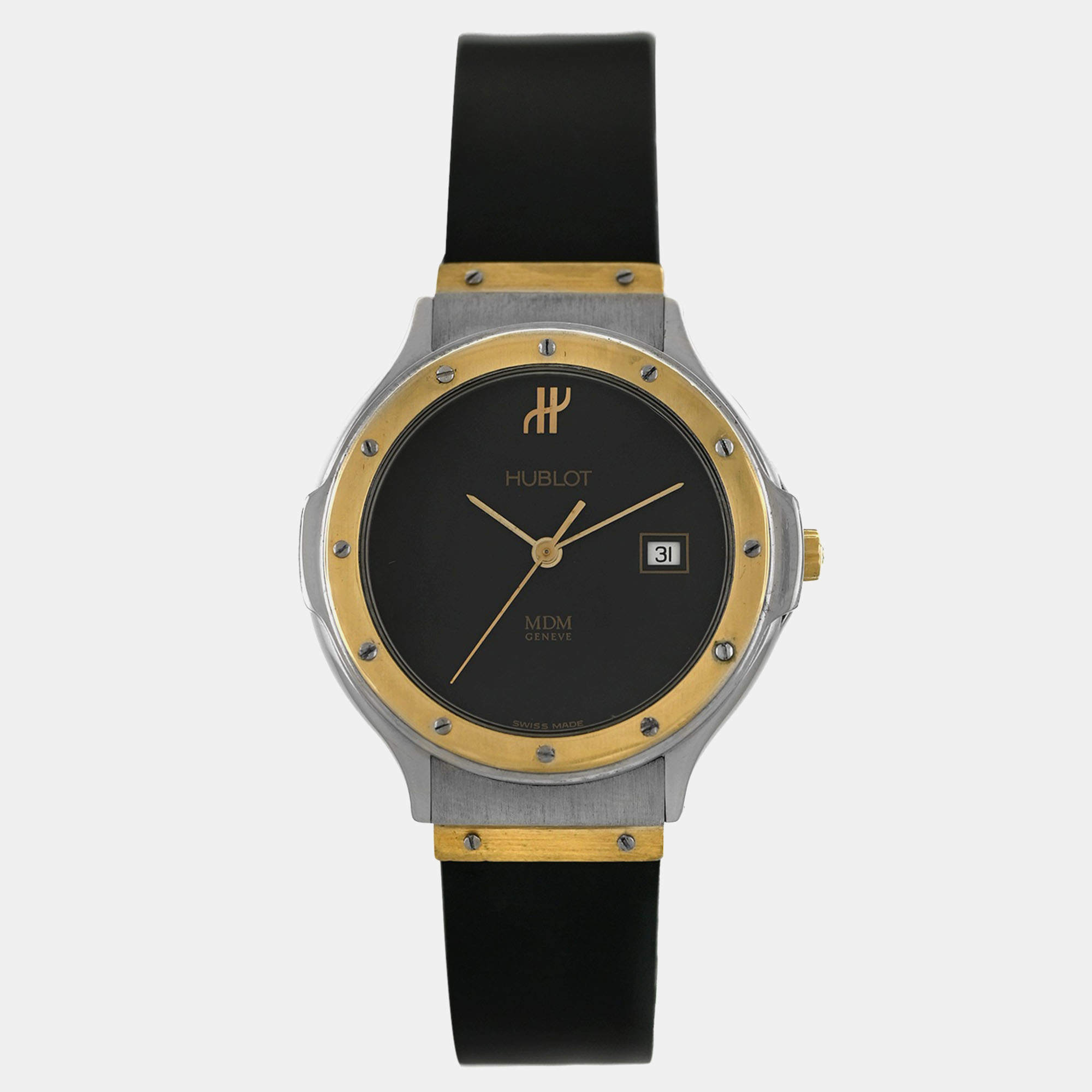 Pre Owned Hublot MDM Classic 1401.2 Quartz Black 18k Yellow Gold Stainless Steel Women's Wristwatch 32 mm
