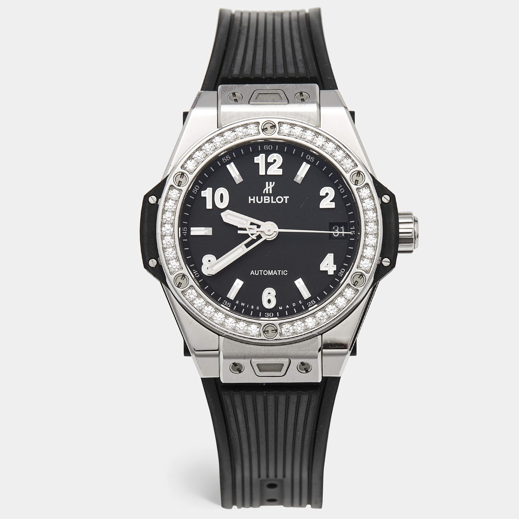 Pre Owned Hublot Big Bang One Click 465.SX.1170.RX.1204 Black Dial Resin Stainless Steel Rubber Diamond Women's Wristwatch 39 mm