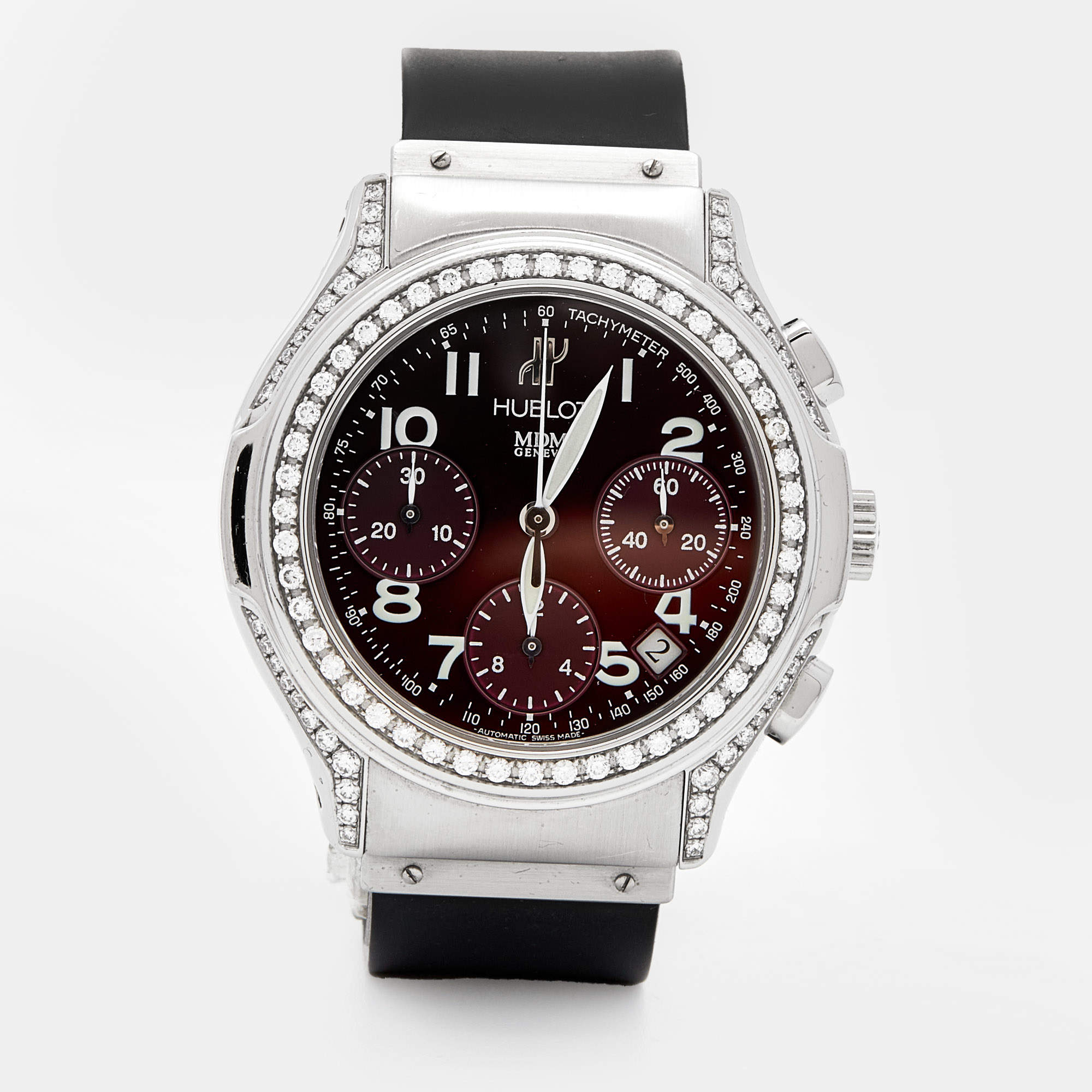 Hublot Burgundy Diamonds Stainless Steel Rubber MDM Chronograph 1810.1.024 Women's Wristwatch 40MM