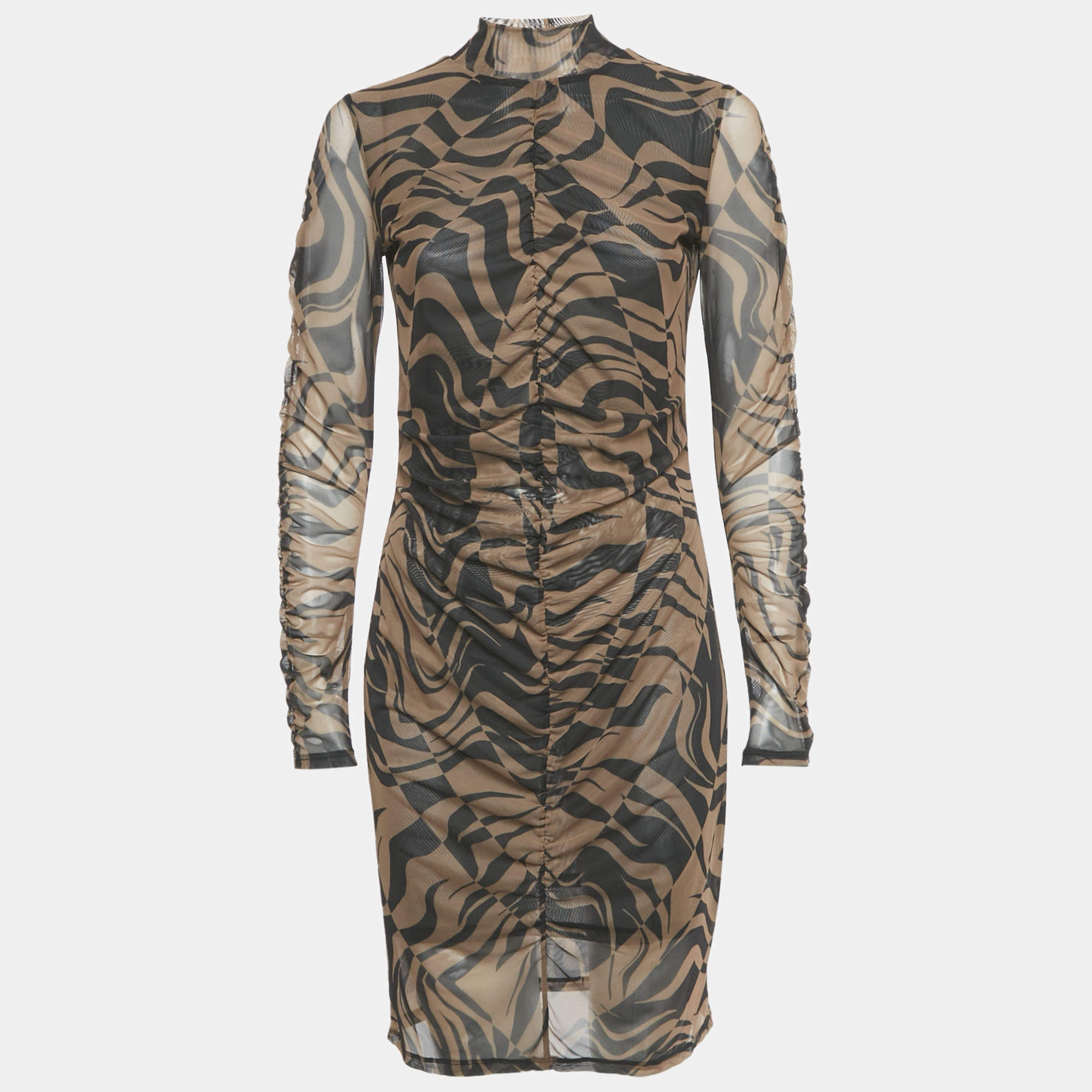 Pre Owned Hugo Boss Brown Printed Stretch Mesh Ruche Short Dress L
