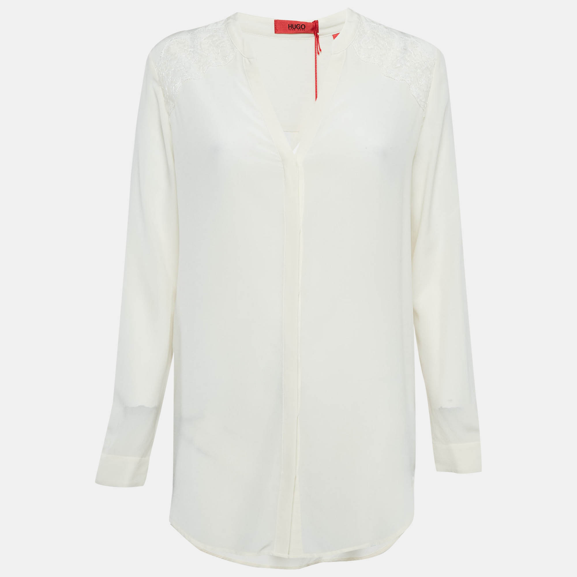 Hugo Boss Off White Silk Lace Trim Long Sleeve Button Front Blouse S