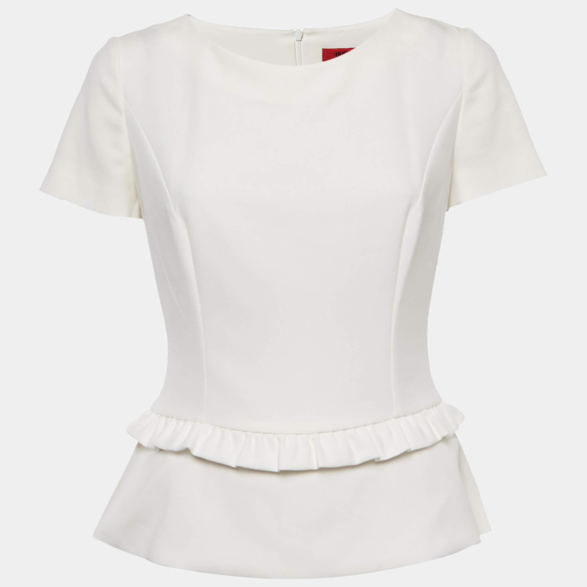 Pre Owned Hugo Boss White Crepe Peplum Top L