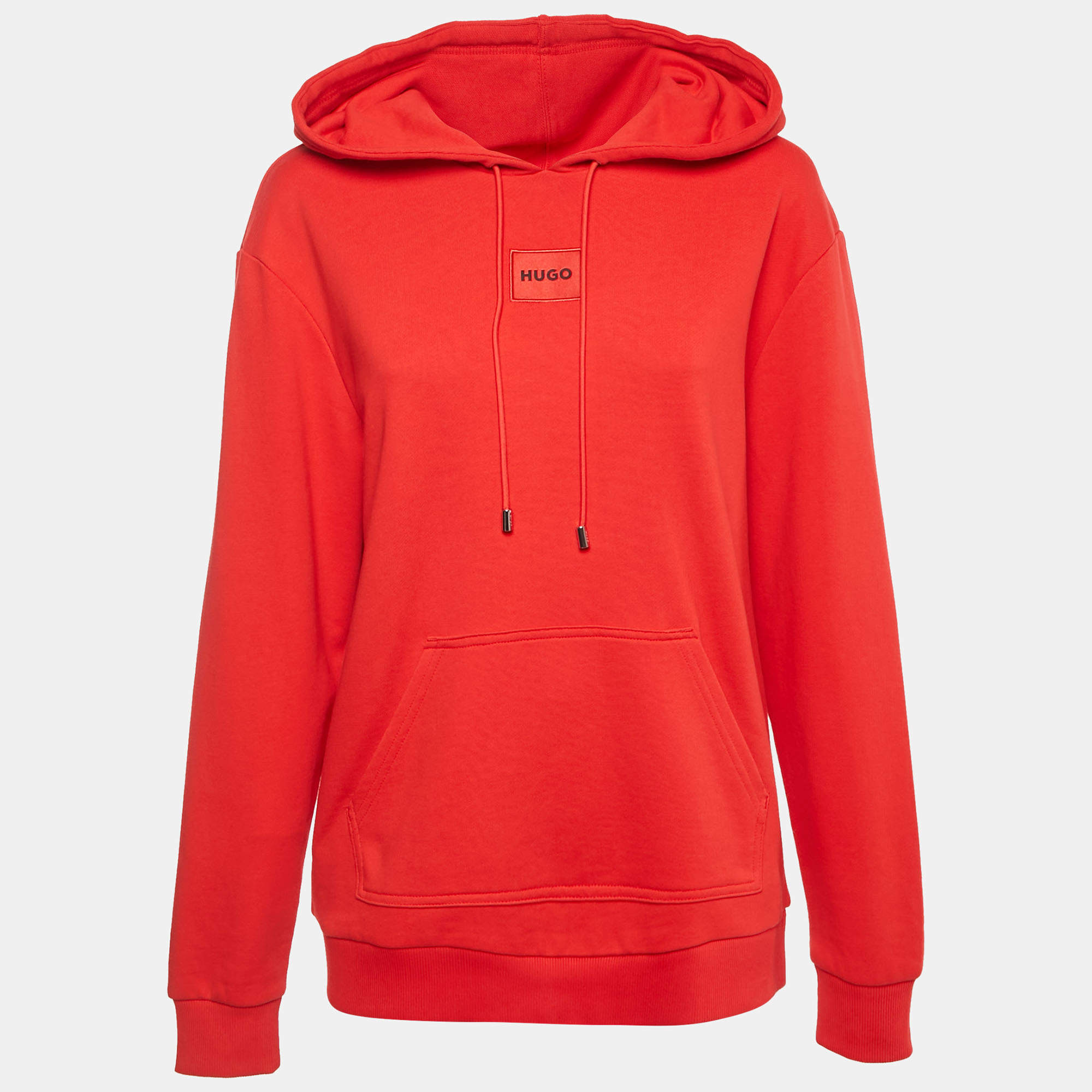 Pre Owned Hugo Boss Red Logo Applique Cotton Knit Hooded Sweatshirt S