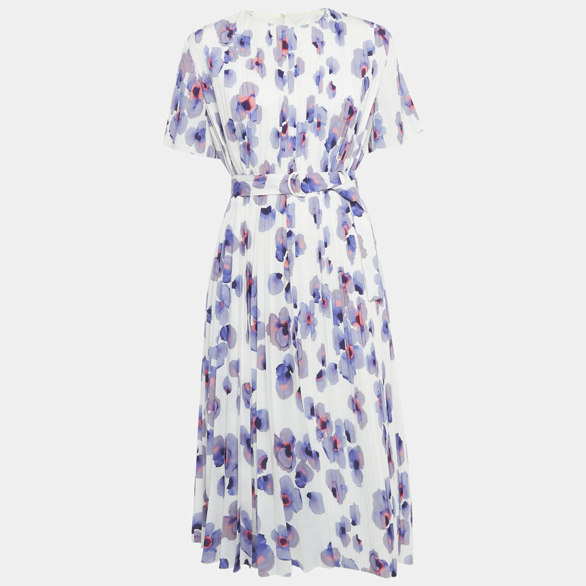 Pre Owned Boss By Hugo Boss White Floral Print Plisse Belted Midi Dress M