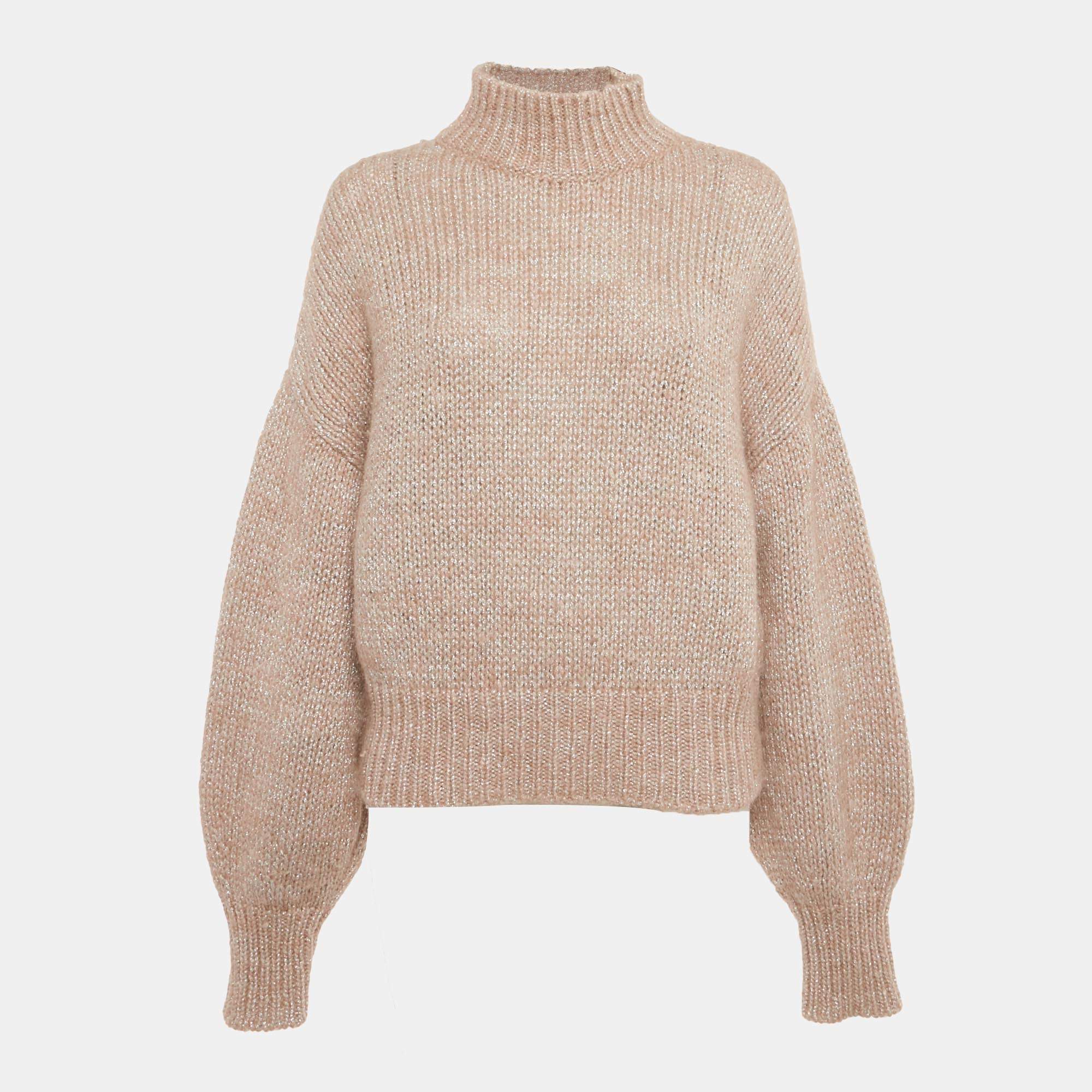 Pre Owned Hugo Boss Beige Lurex Knit Wool Blend High Neck Sweater S