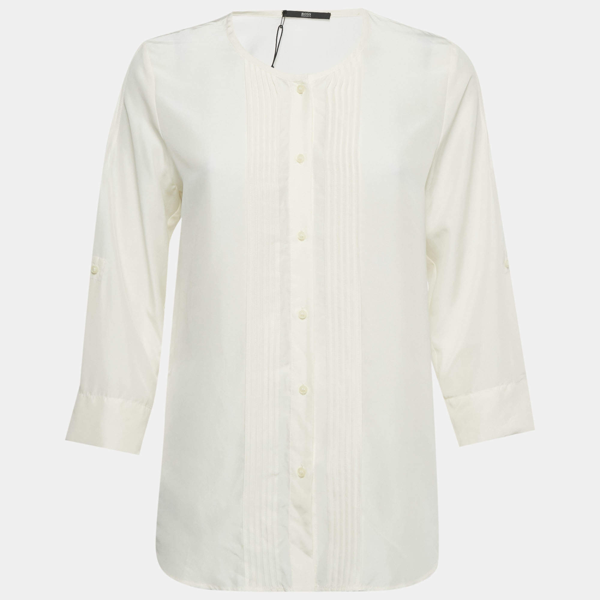 Pre Owned Hugo Boss Ivory Silk Pin Tucks Silk Rossita Blouse S