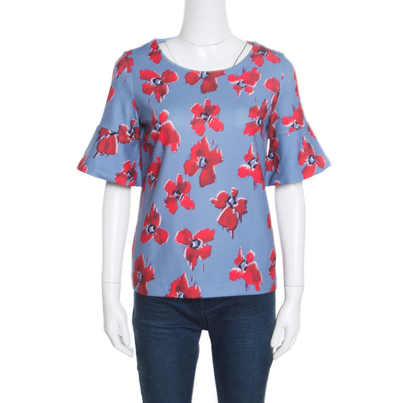 Pre Owned Hugo by Hugo Boss Blue Floral Printed Flared Sleeve Namilla Top XS