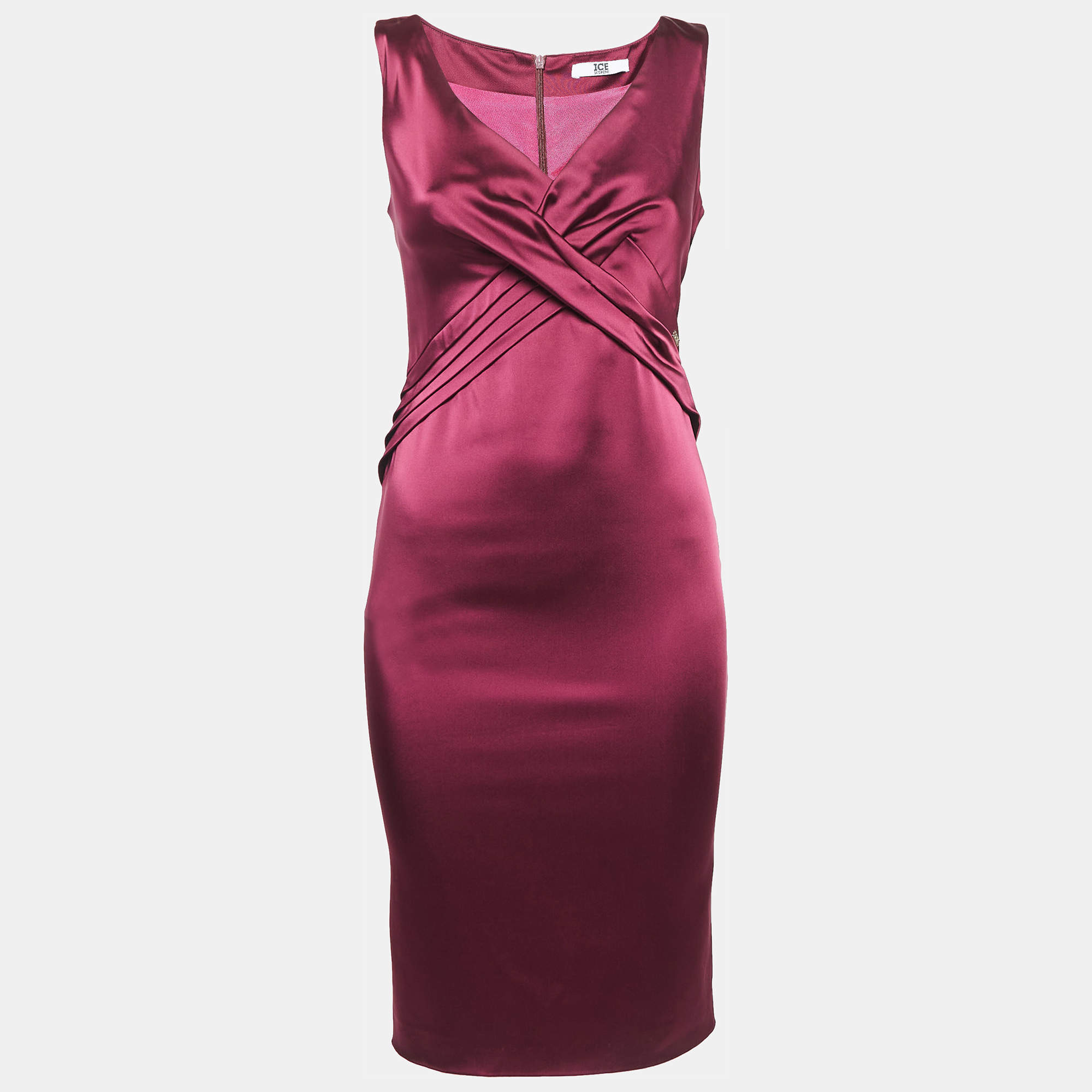 Pre Owned Ice Iceberg Dress Burgundy Stretch Satin Pleated Sheath Dress XS