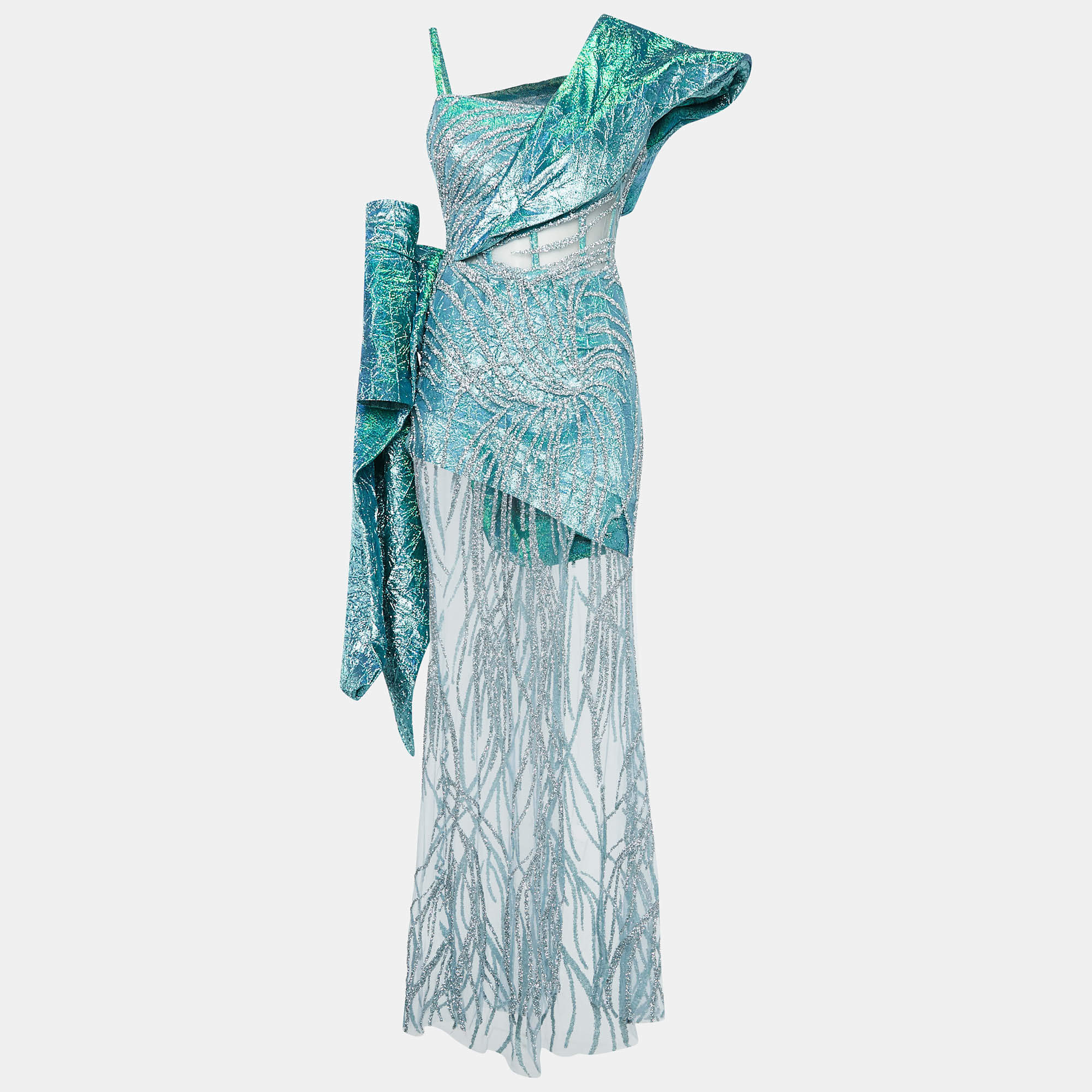 Ihlab Jiryis Mermaid Blue Sheer Embellished Tulle and Lurex Jacquard Asymmetric Gown S