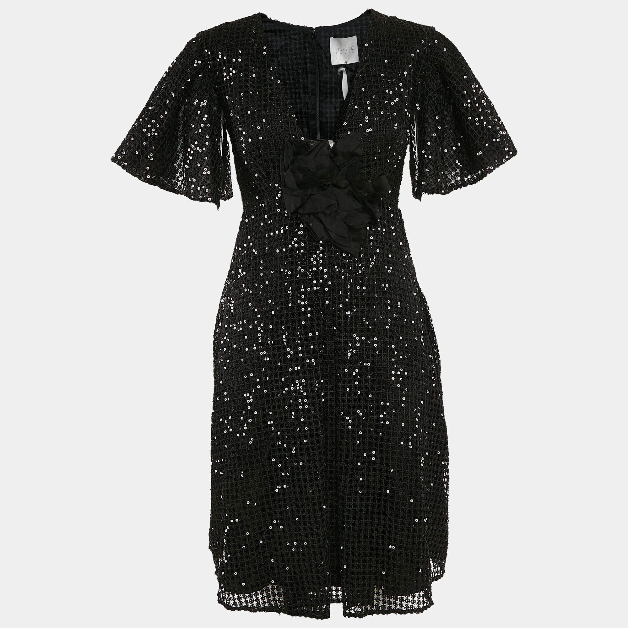 INGIE Paris Black Lace Sequin V-Neck Flared Short Dress M