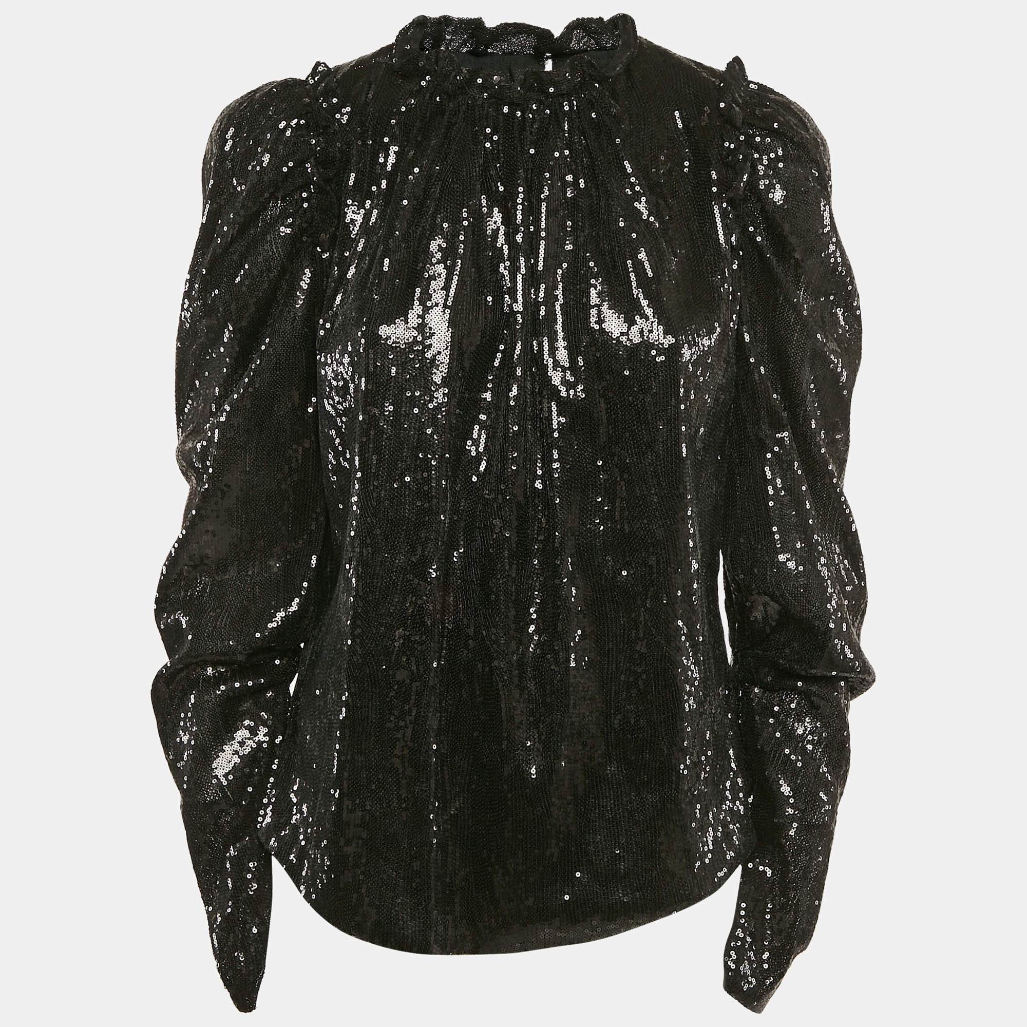 INGIE PARIS Black Sequin Crepe Ruffled Top S