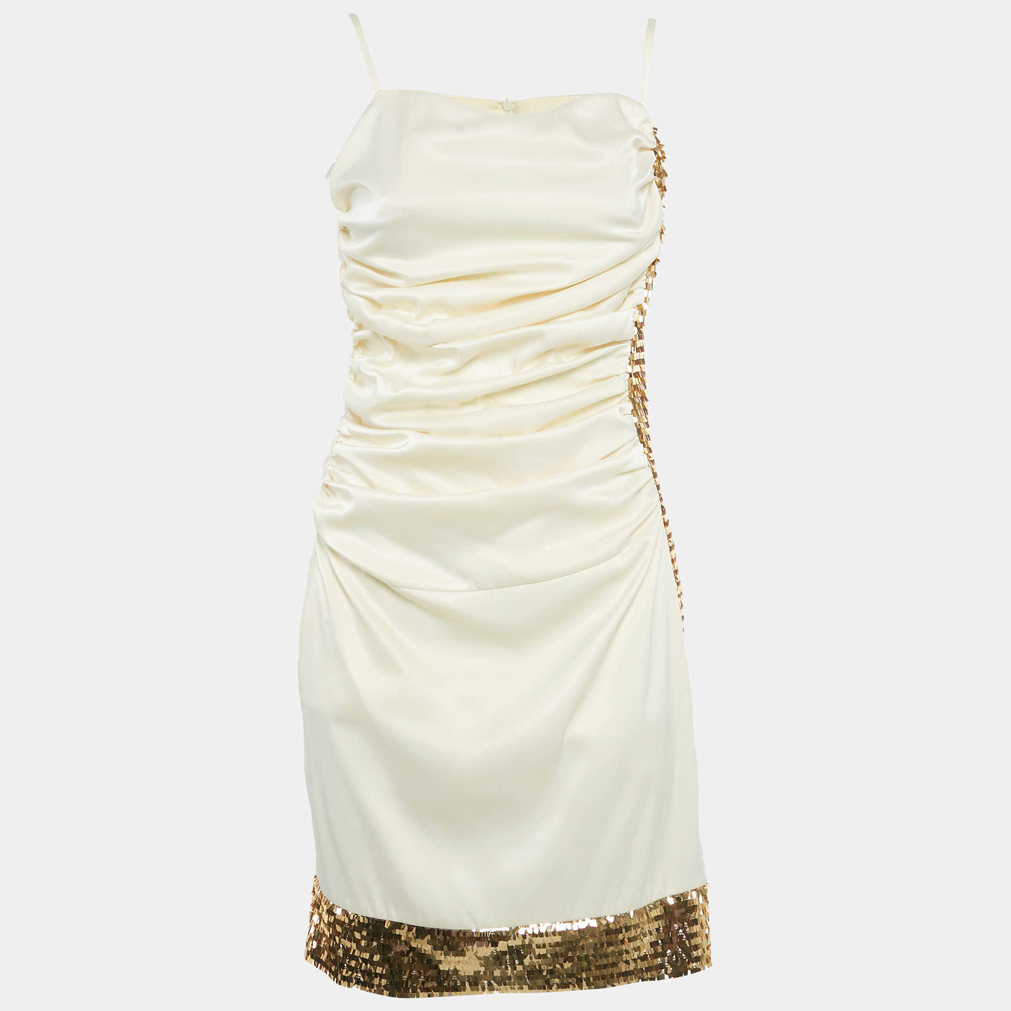 Pre Owned Invito Haute Couture Cream Satin Rushed Sequin Detail Mini Dress S