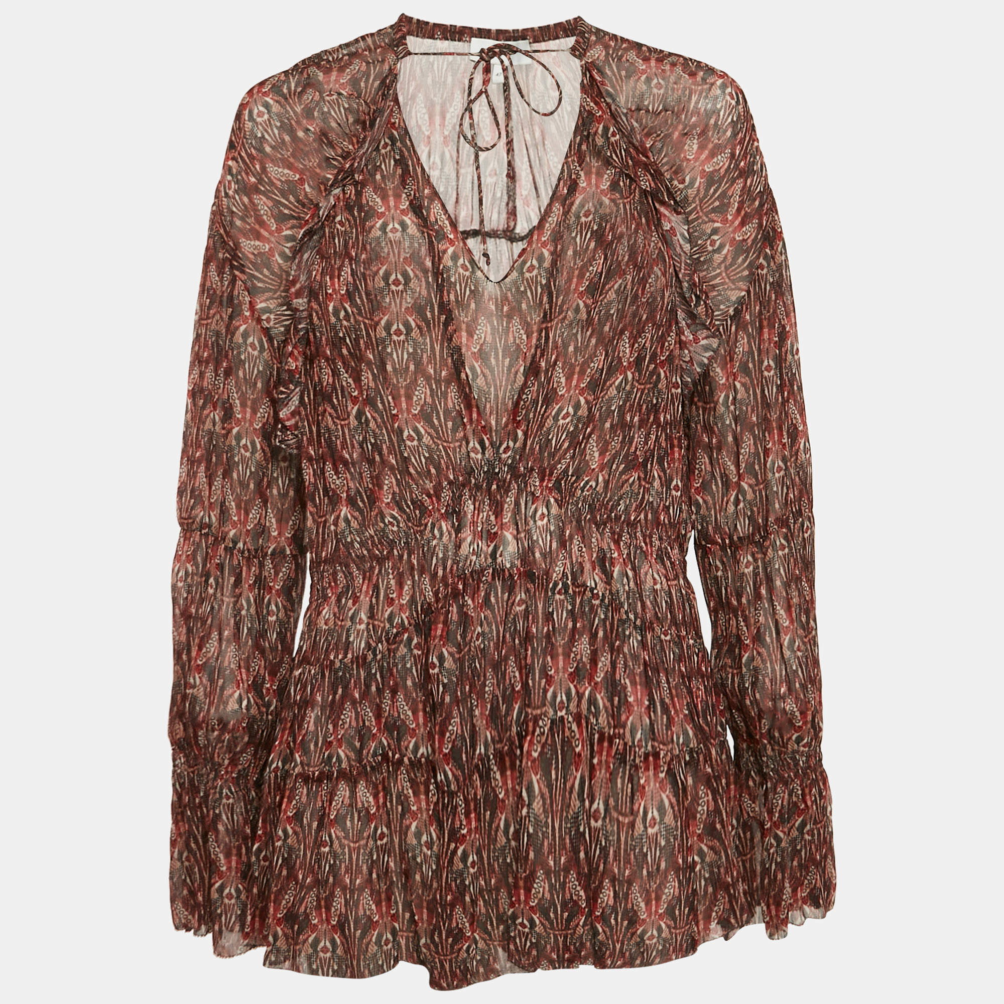 IRO Red Printed Semi-Sheer Crepe V-Neck Janie Top M
