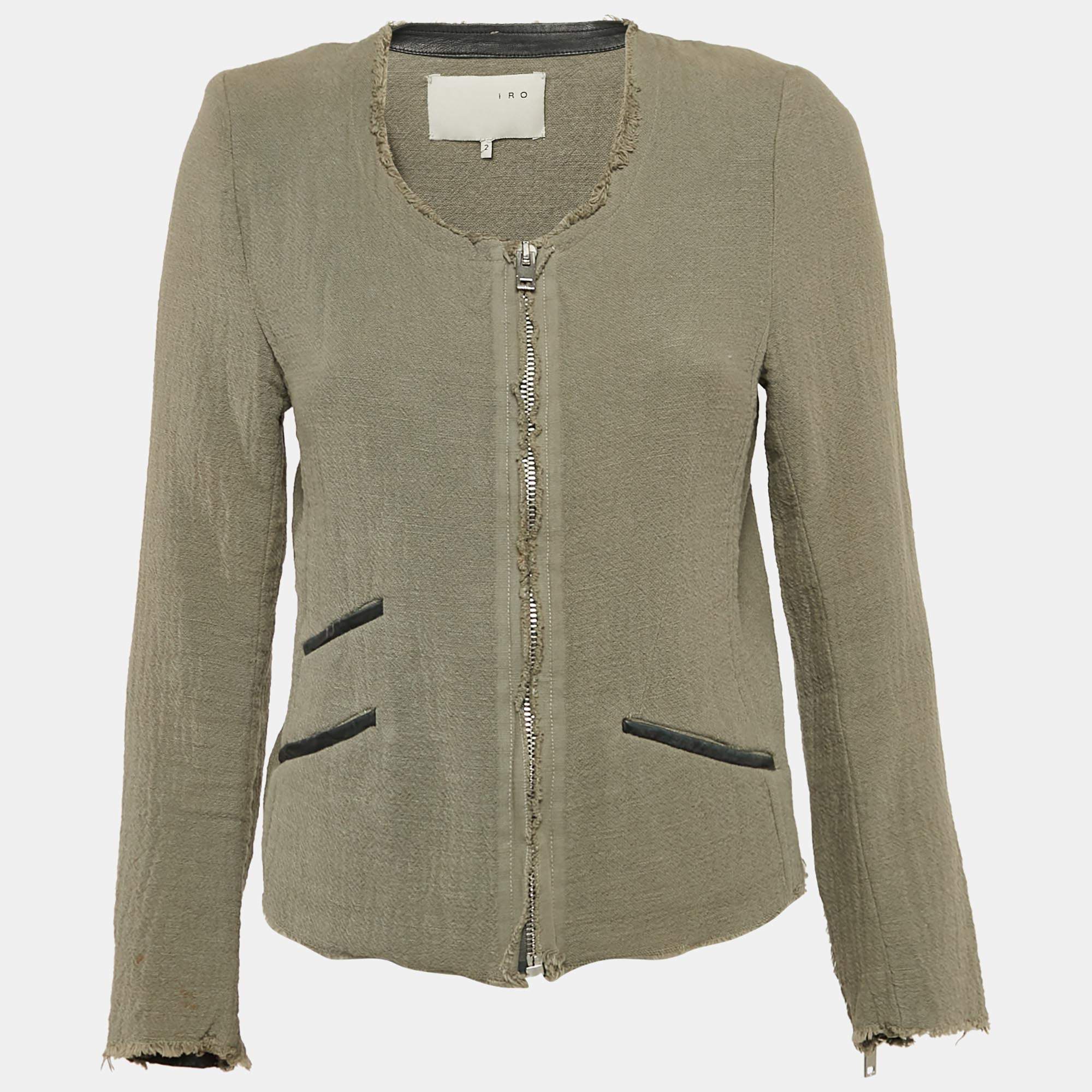 IRO Green Textured Cotton Zip-Up Raw Edged Jacket S
