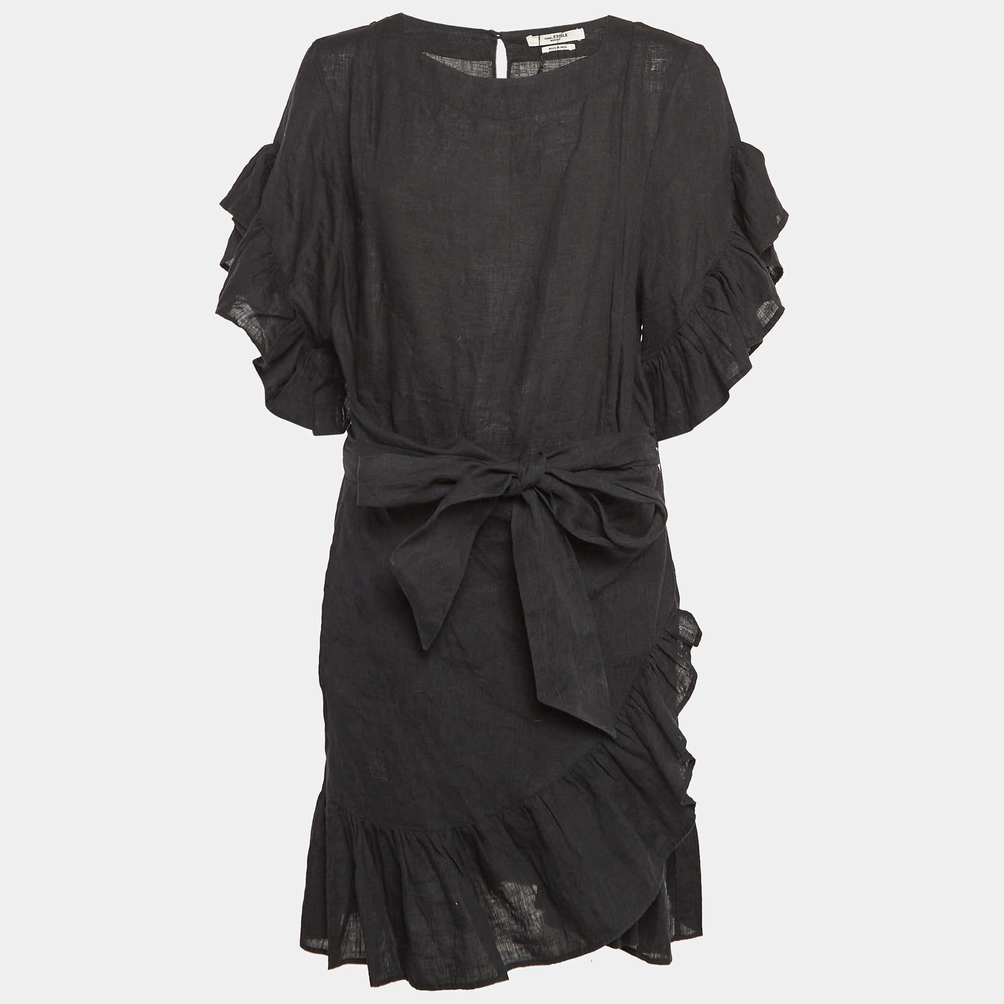 Pre Owned Isabel Marant Etoile Black Linen Ruffled Faux Wrap Dress M
