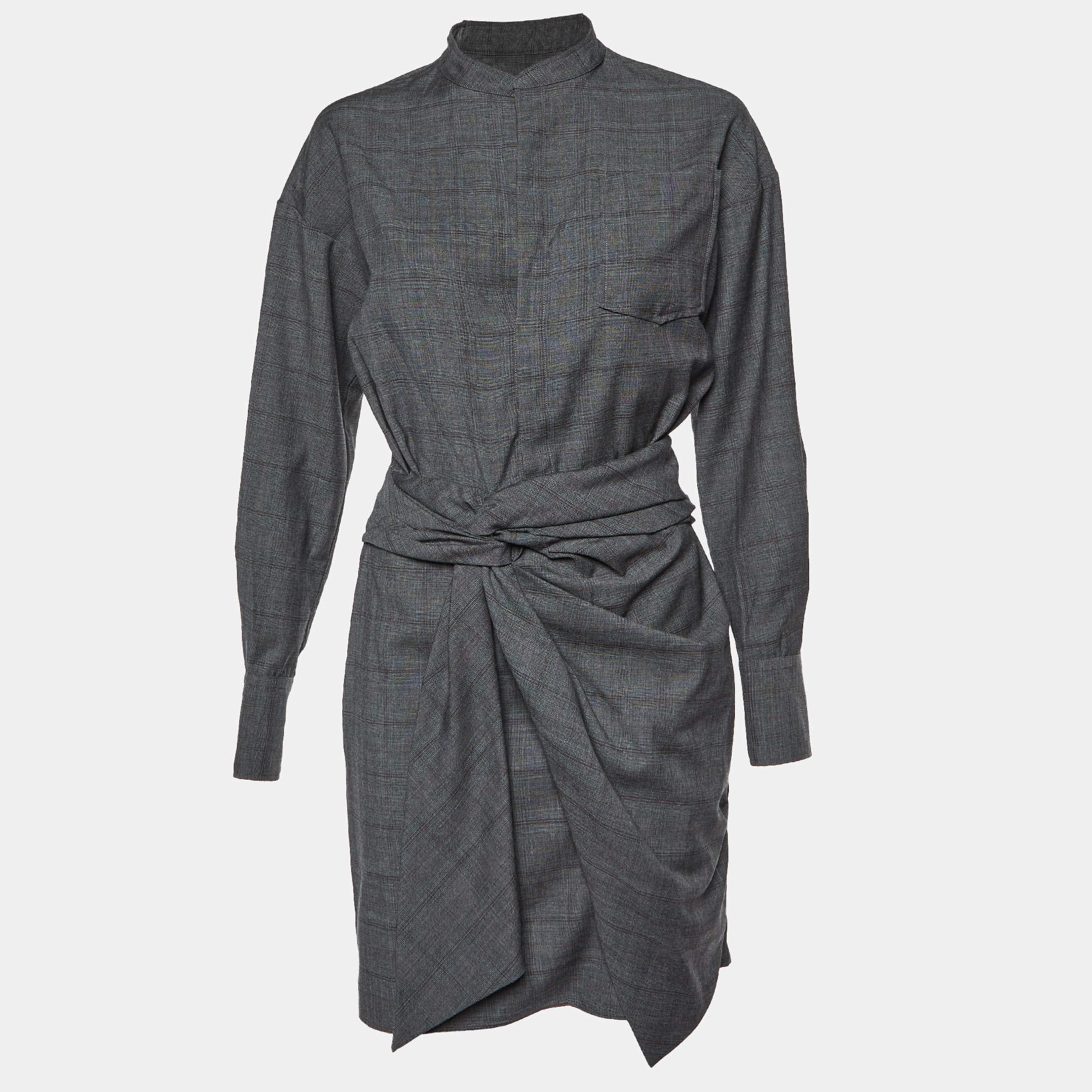 Pre Owned Isabel Marant Etoile Grey Plaid Wool Draped Short Dress M