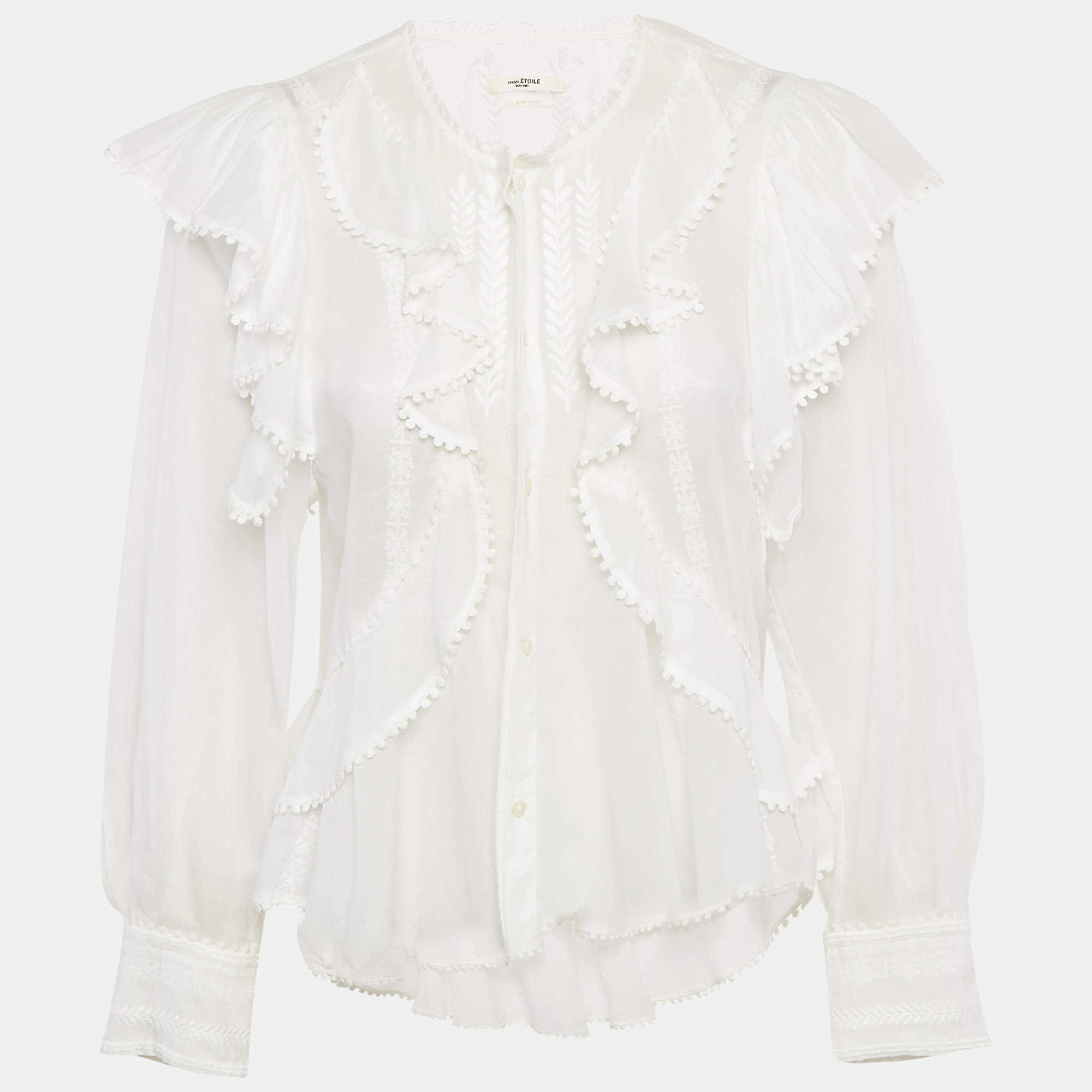 Pre Owned Isabel Marant Etoile White Embroidered Cotton Lace Trim Ruffle Detail Blouse XS