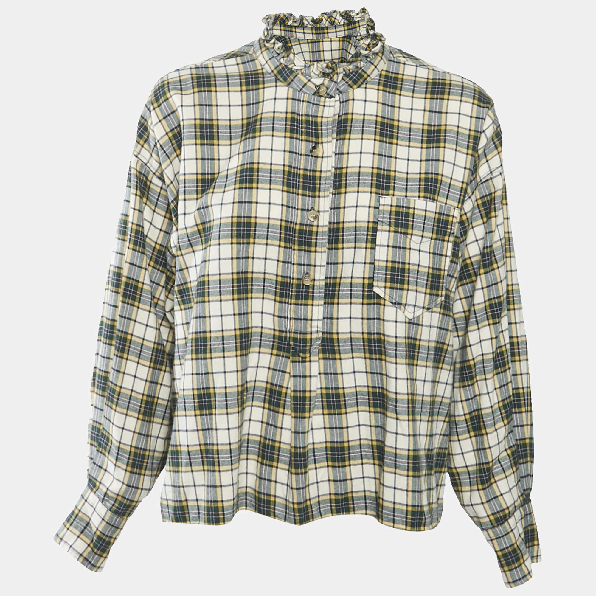 Pre Owned Isabel Marant Etoile Green Tartan Check Cotton Ruffled Blouse S