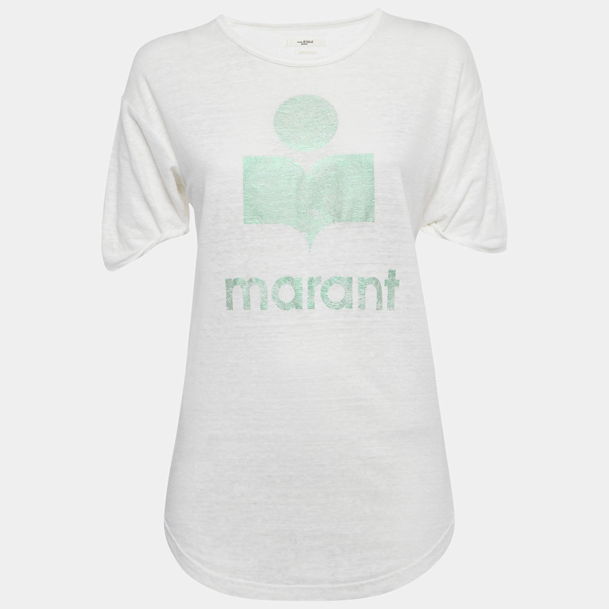 Pre Owned Isabel Marant Etoile White Foil Logo Print Linen Jersey Top S