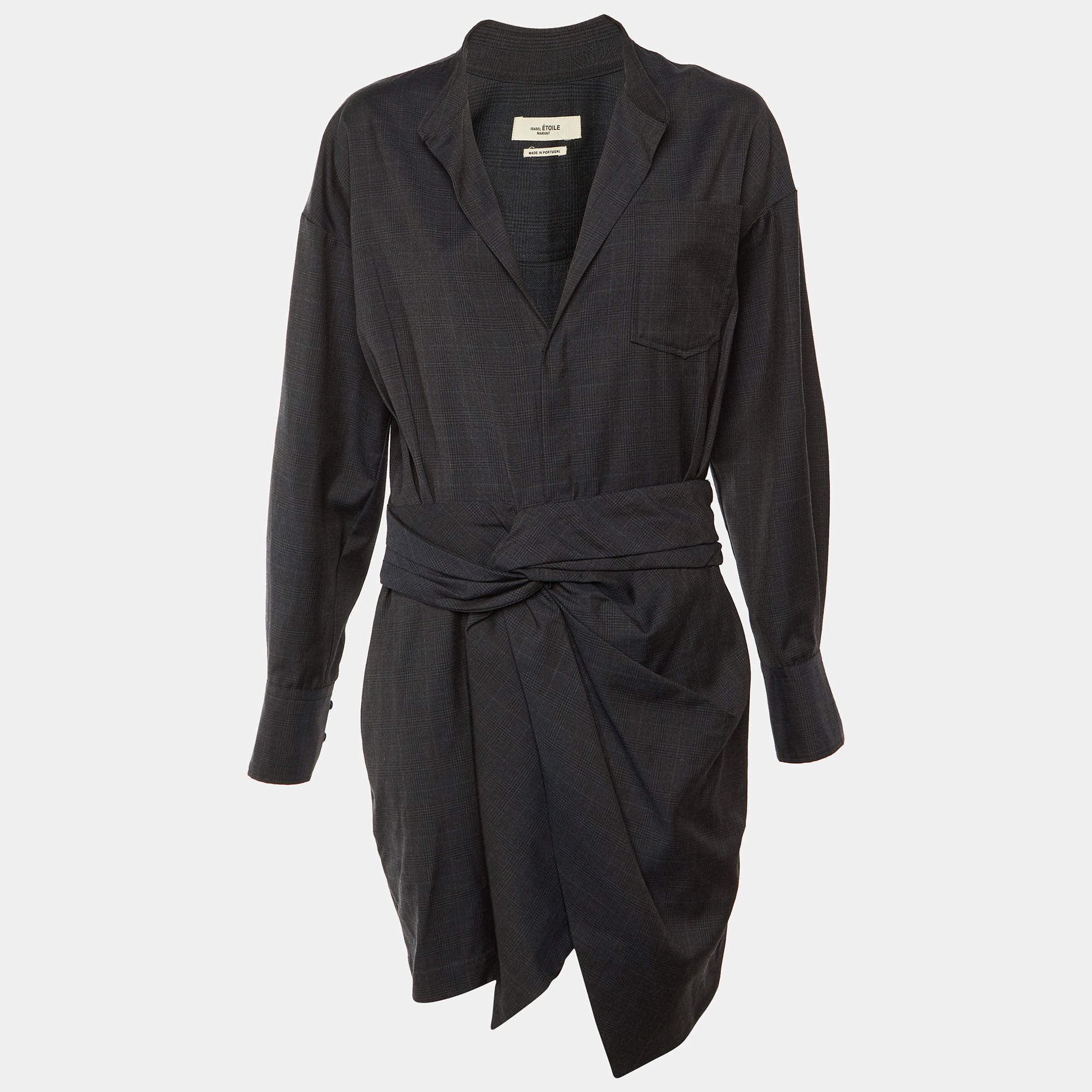 Pre Owned Isabel Marant Etoile Navy Blue Patterned Wool Draped Waist Mini Dress L