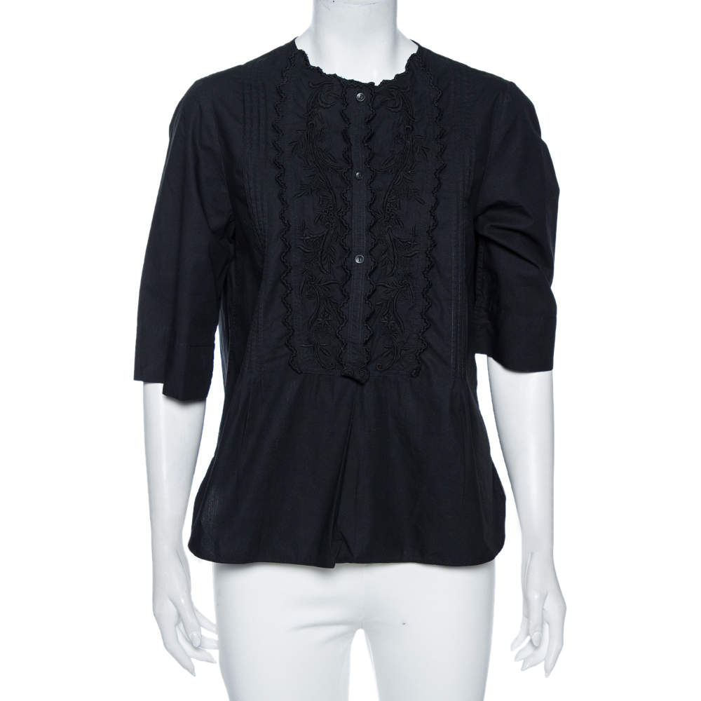 Pre Owned Isabel Marant Etoile Black Cotton Pintuck Embroidered Detail Blouse S