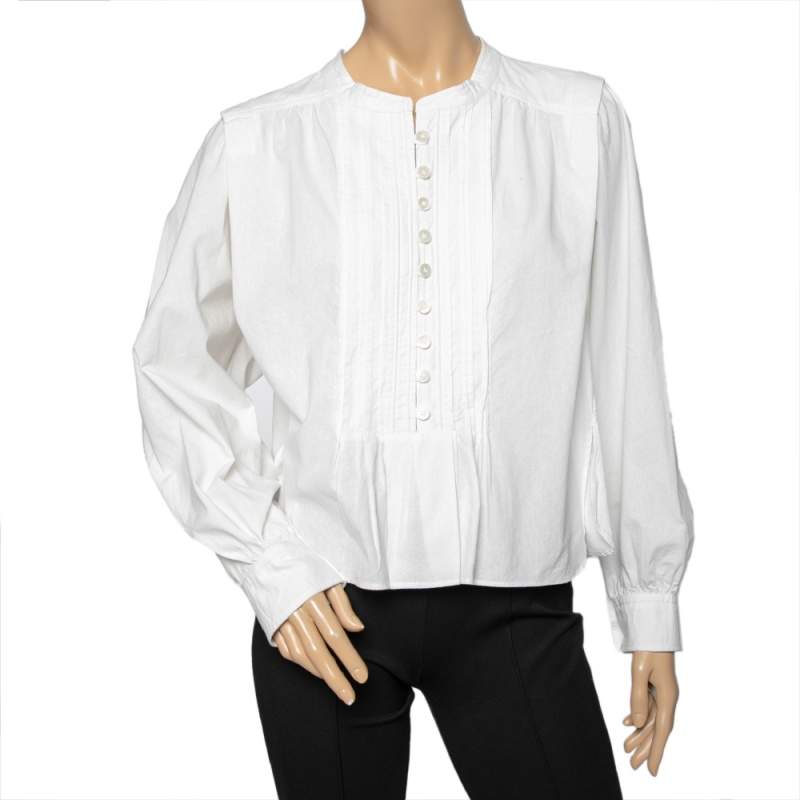 Pre Owned Isabel Marant Etoile White Cotton Pintuck Detailed Okina Blouse M