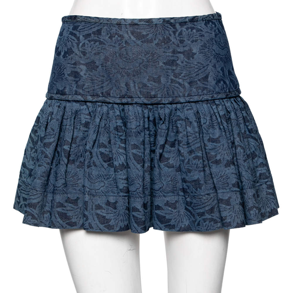 Pre Owned Isabel Marant Etoile Navy Blue Printed Denim Pleated Mini Skirt S