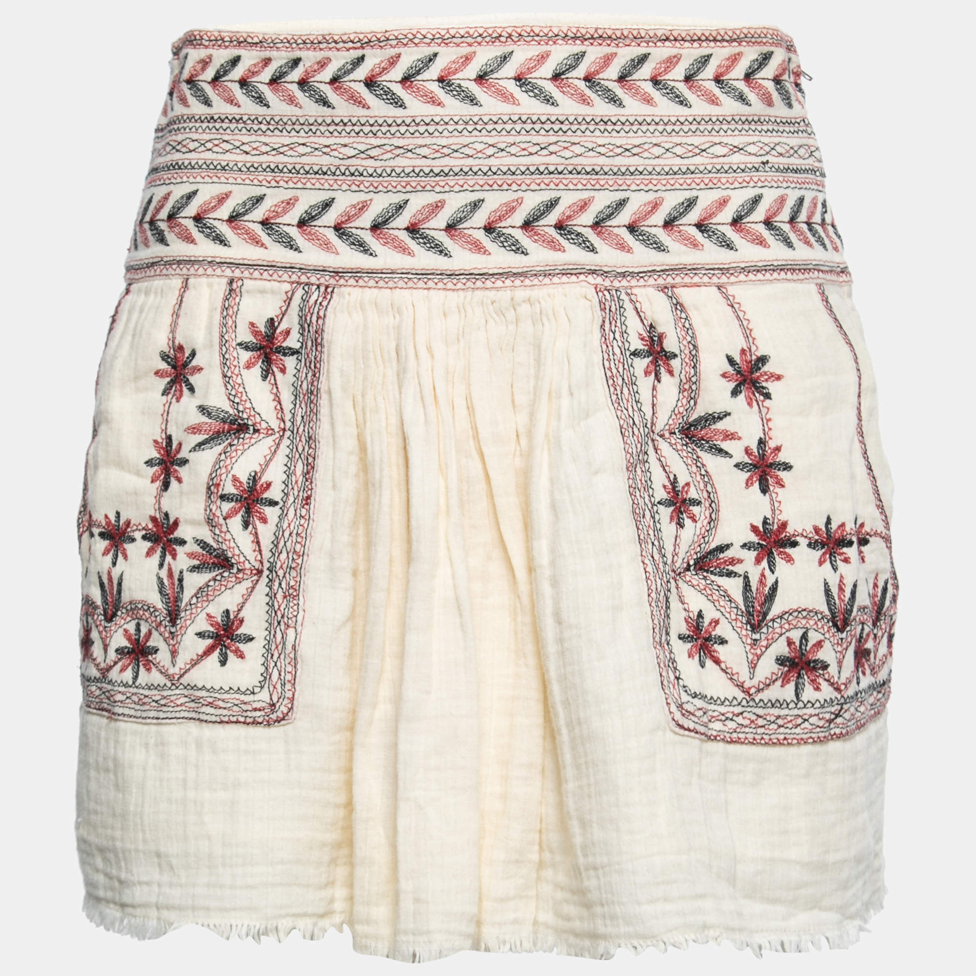 Pre Owned Isabel Marant Etoile Light Cream Cotton Contrast Embroidered Mini Skirt S