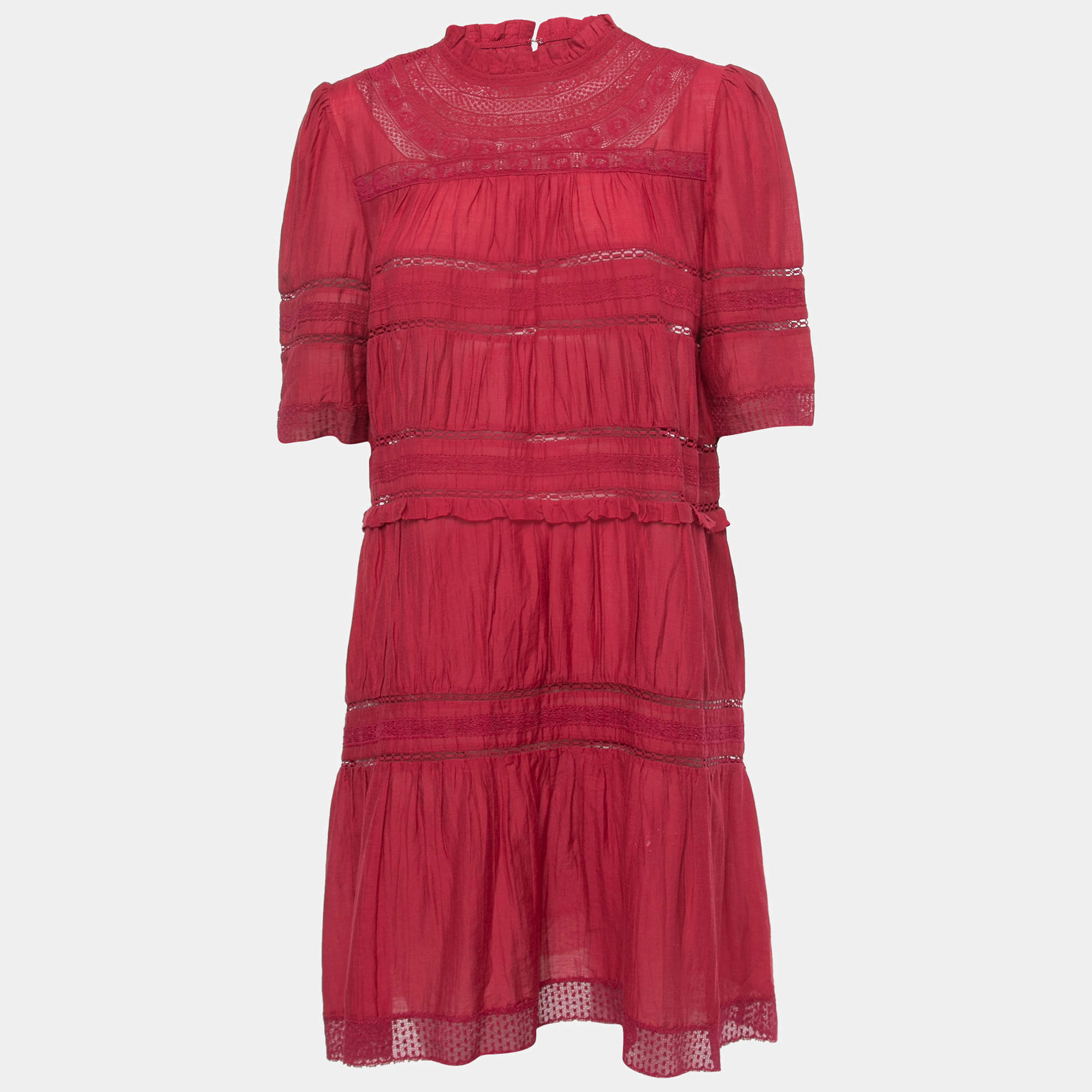 Pre Owned Isabel Marant Etoile Red Cotton Lace Trimmed Mini Dress M
