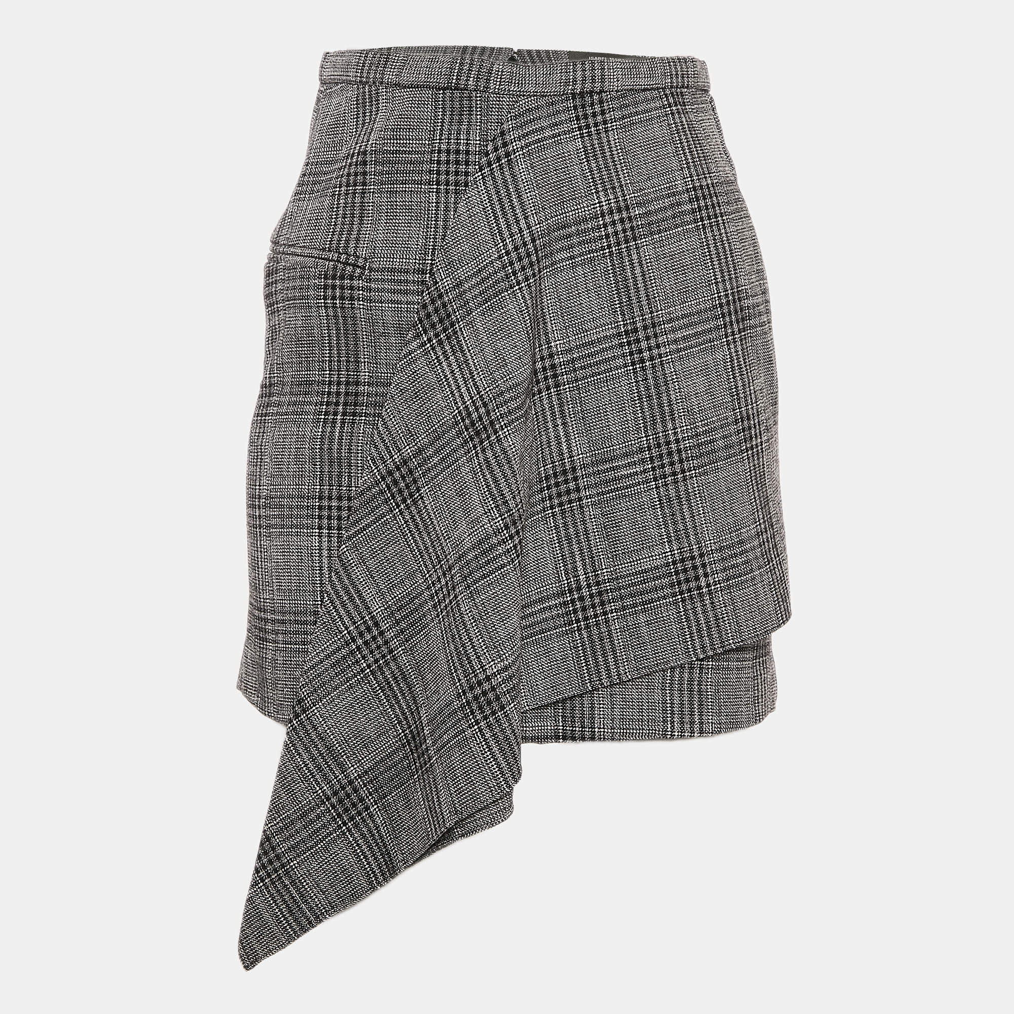 Isabel Marant Black Plaid Pattern Cotton Blend Asymmetric Mini Skirt S