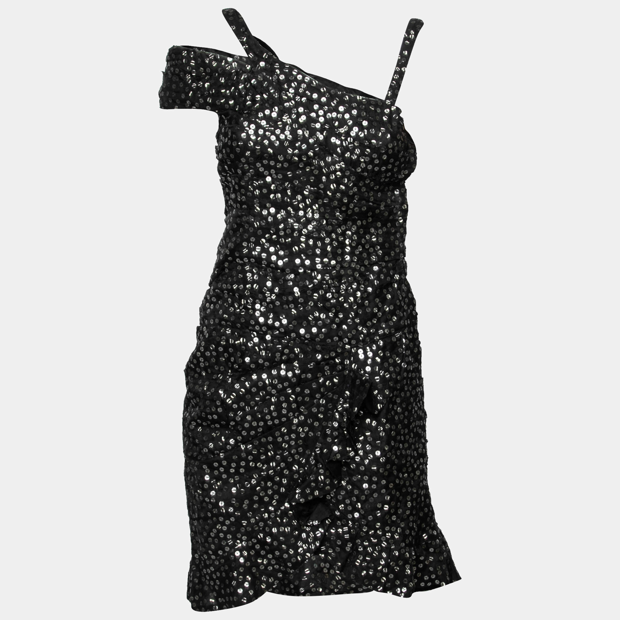 Pre Owned Isabel Marant Black Sequined Silk Asymmetric Sleeve Becky Mini Dress M