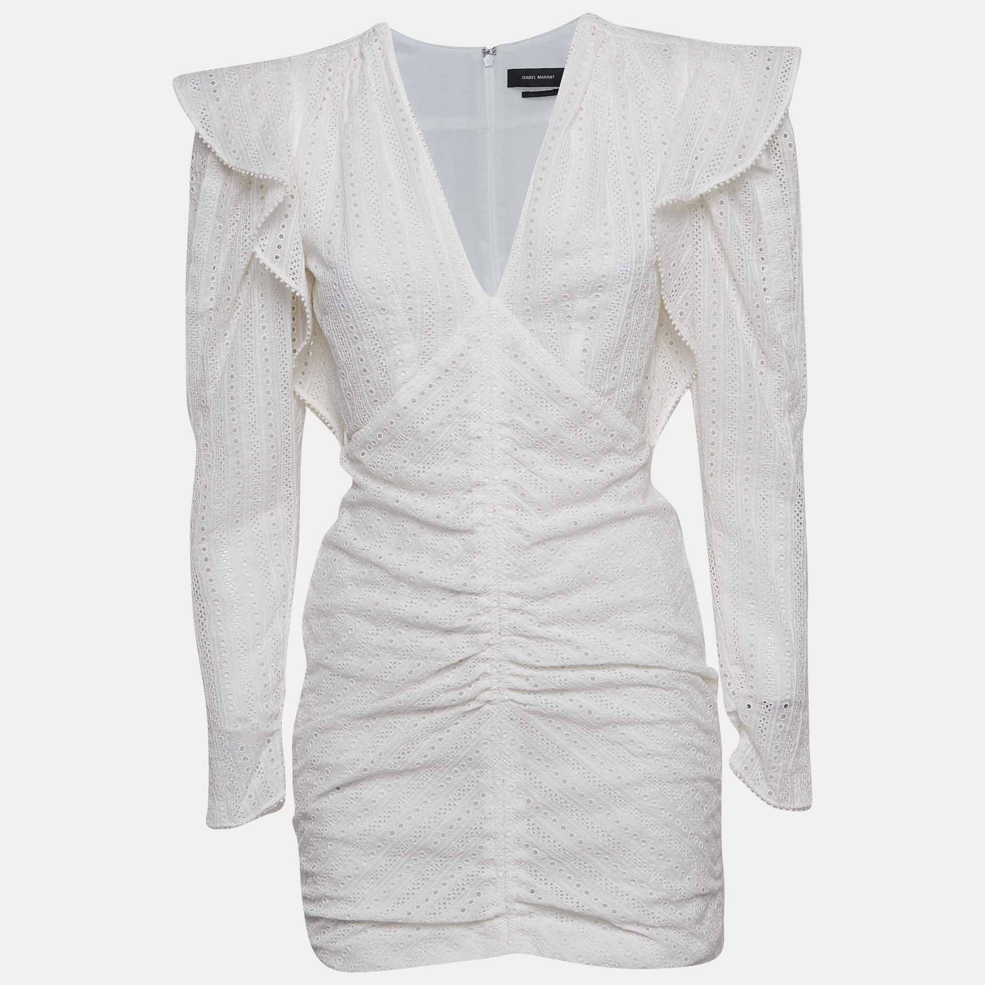 Pre Owned Isabel Marant White Eyelet Cotton Ruched Mini Dress S