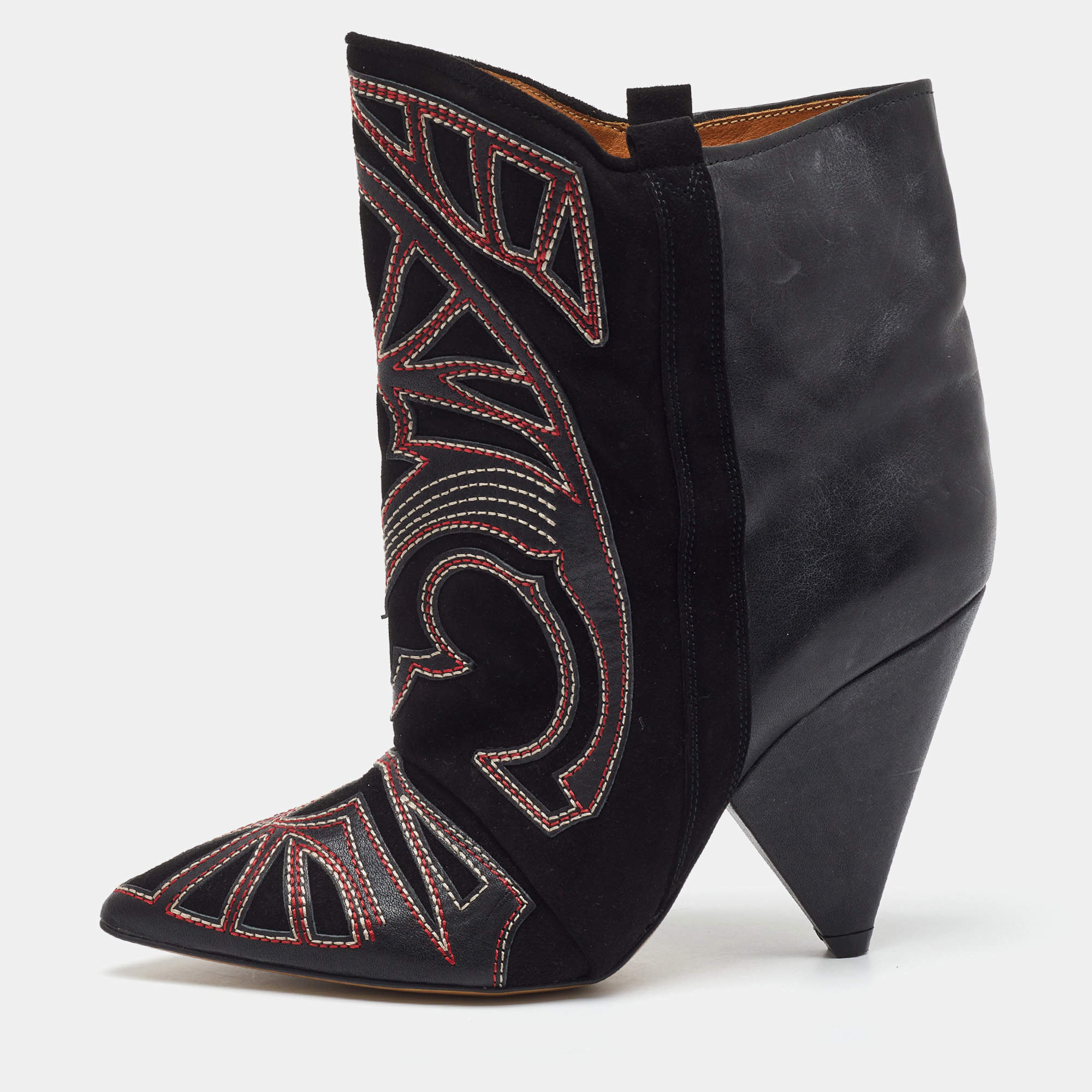 Pre Owned Isabel Marant Black Embroidered Suede and Leather Betty Ankle Boots Size 38