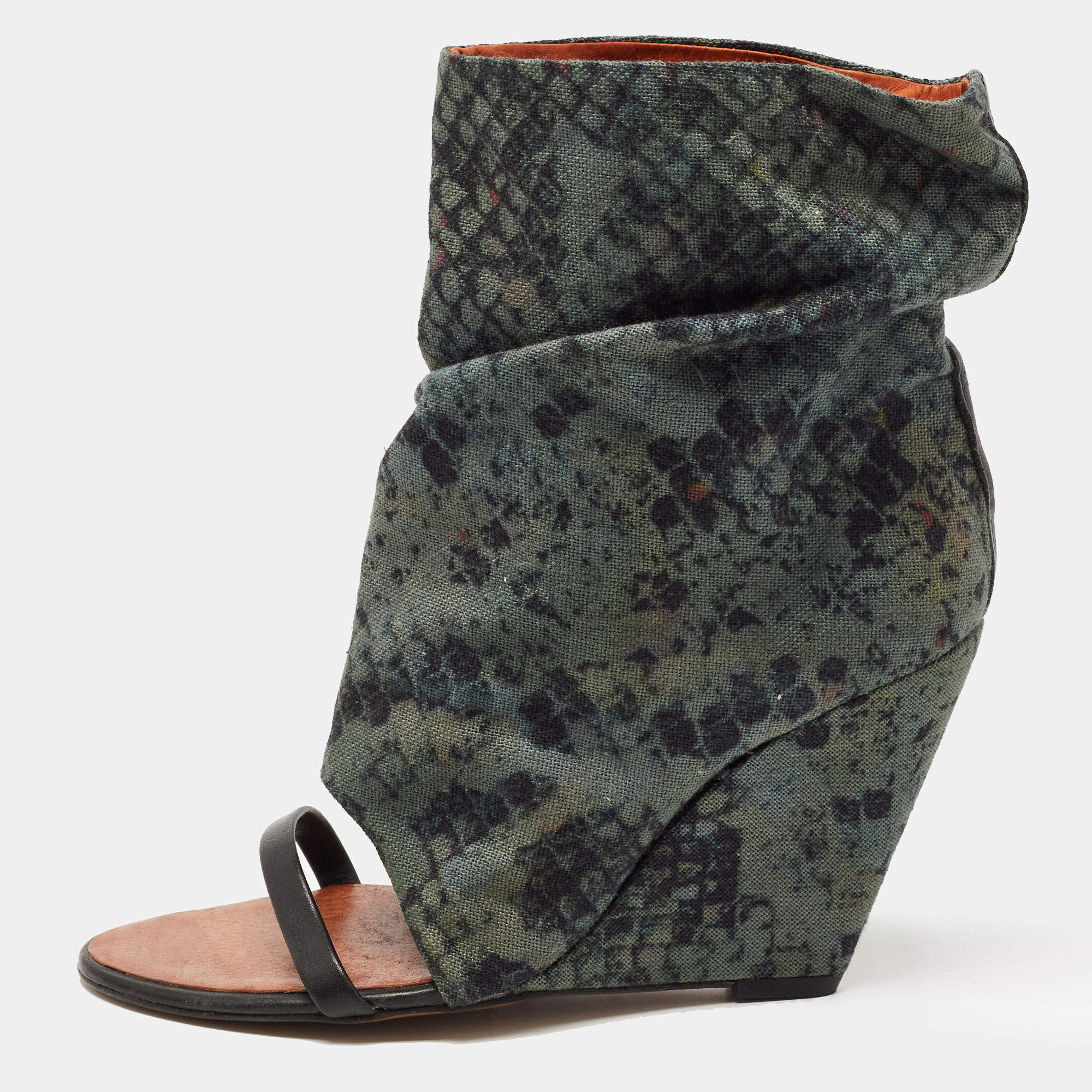 Pre Owned Isabel Marant Black/Green Leather and Printed Canvas Open Toe Wedge Boots Size 38