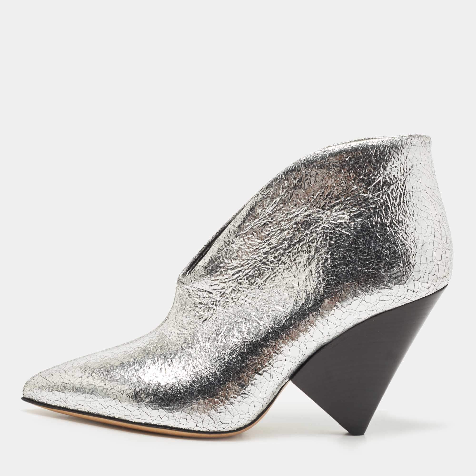 Isabel Marant Silver Foil Textured Leather Adenn Ankle Booties Size 38