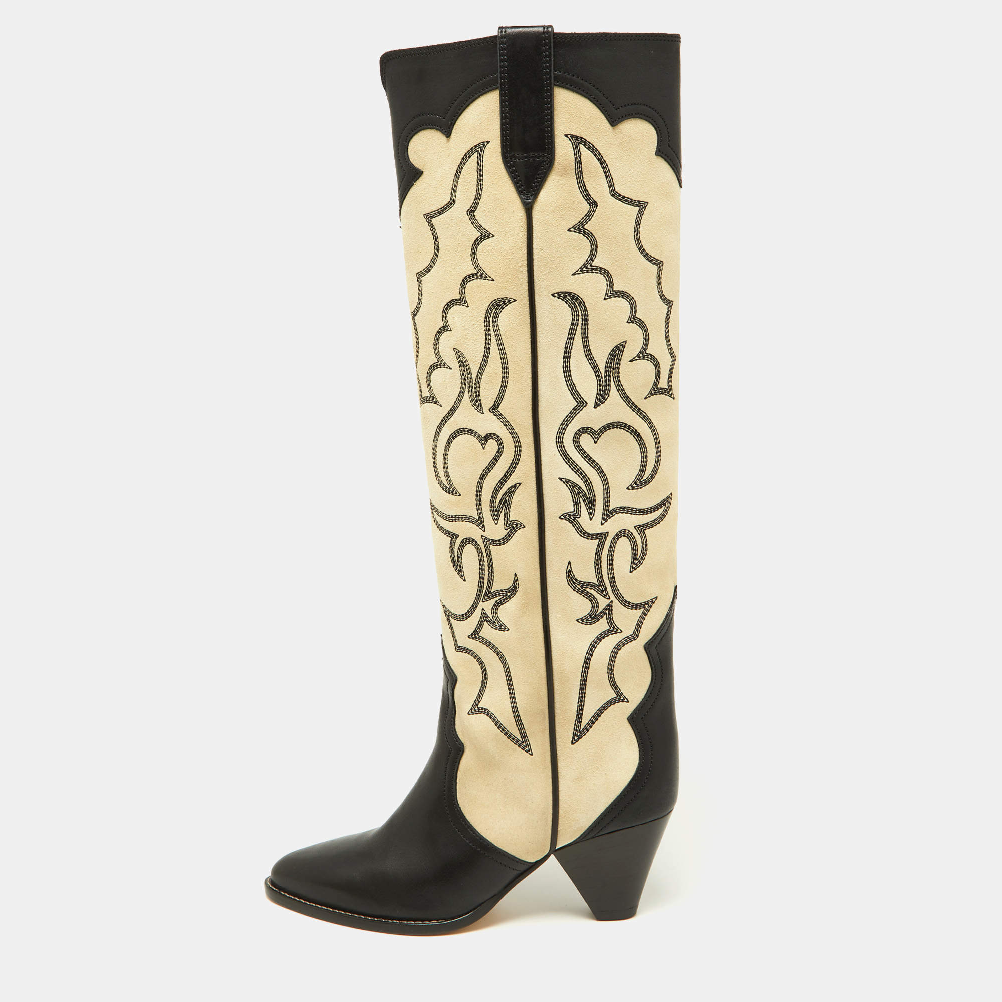 Pre Owned Isabel Marant Beige/Black Suede and Leather Knee Length Boots Size 37