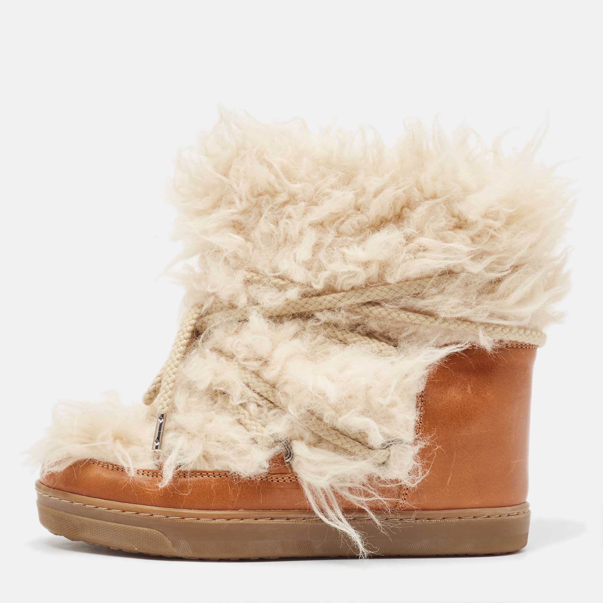 Isabel Marant Brown Leather and Fur Ankle Boots Size 37