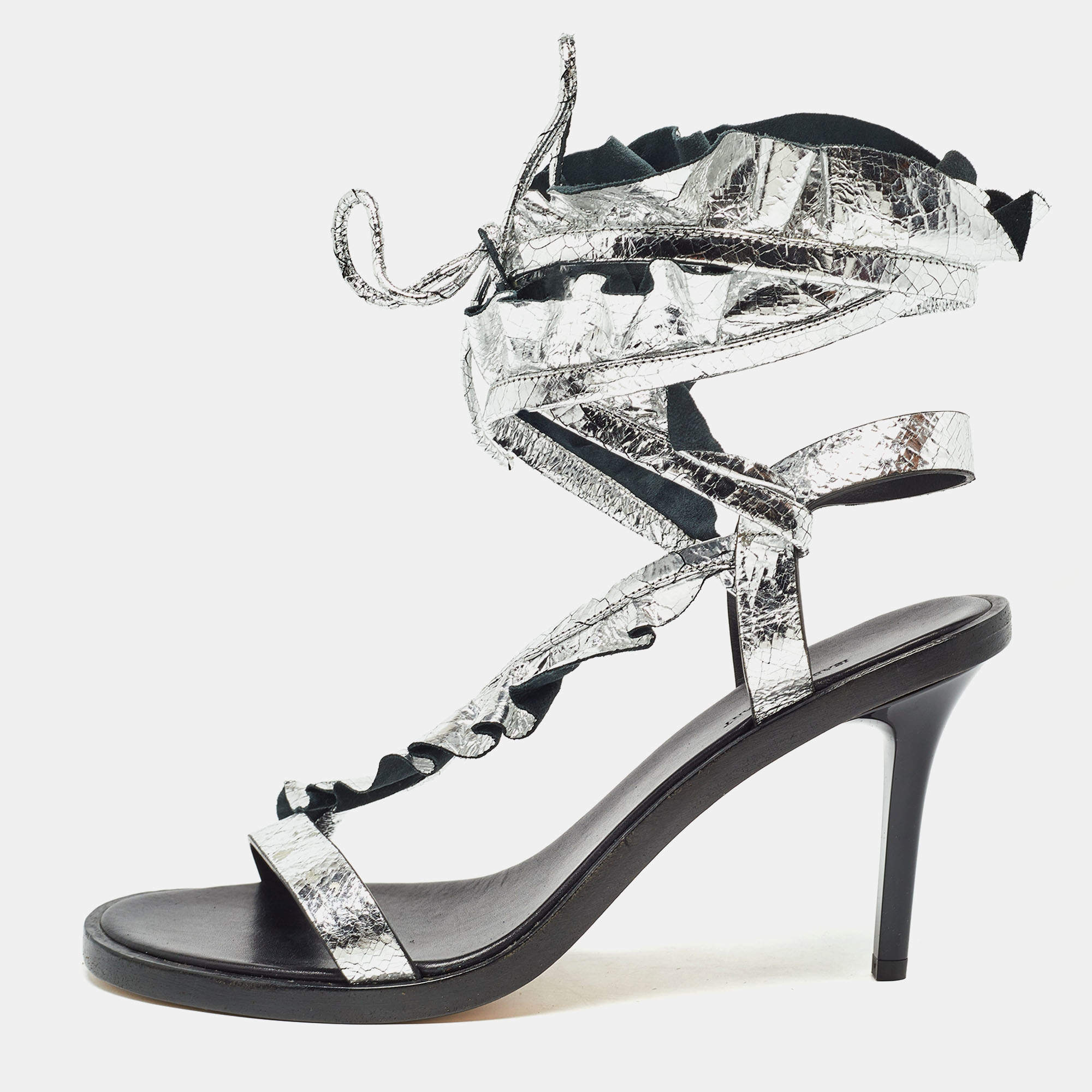 Pre Owned Isabel Marant Silver Texture Leather Aseta Ankle Strap Sandals Size 39