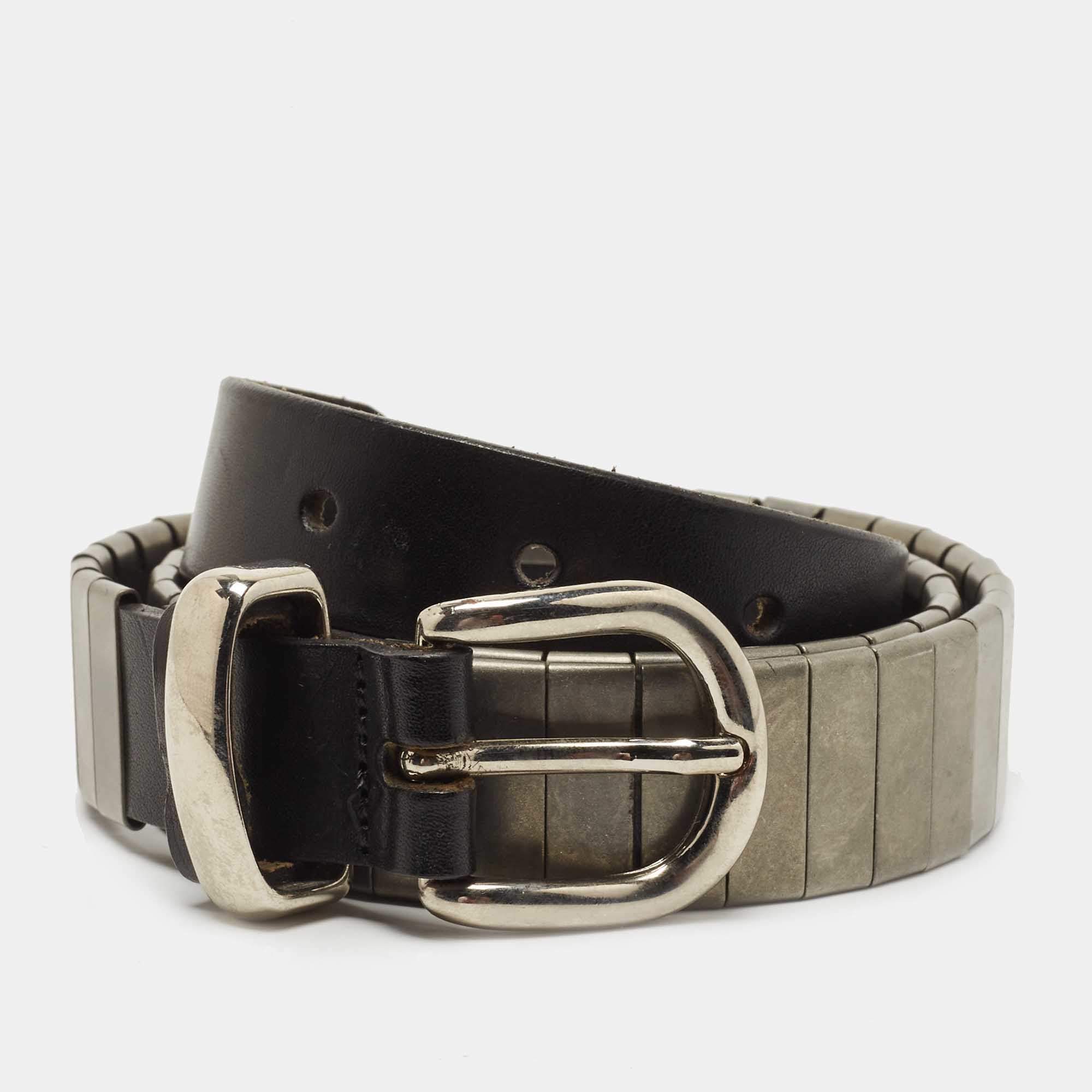 Pre Owned Isabel Marant Black/Silver Leather Metal Detail Buckle Belt S